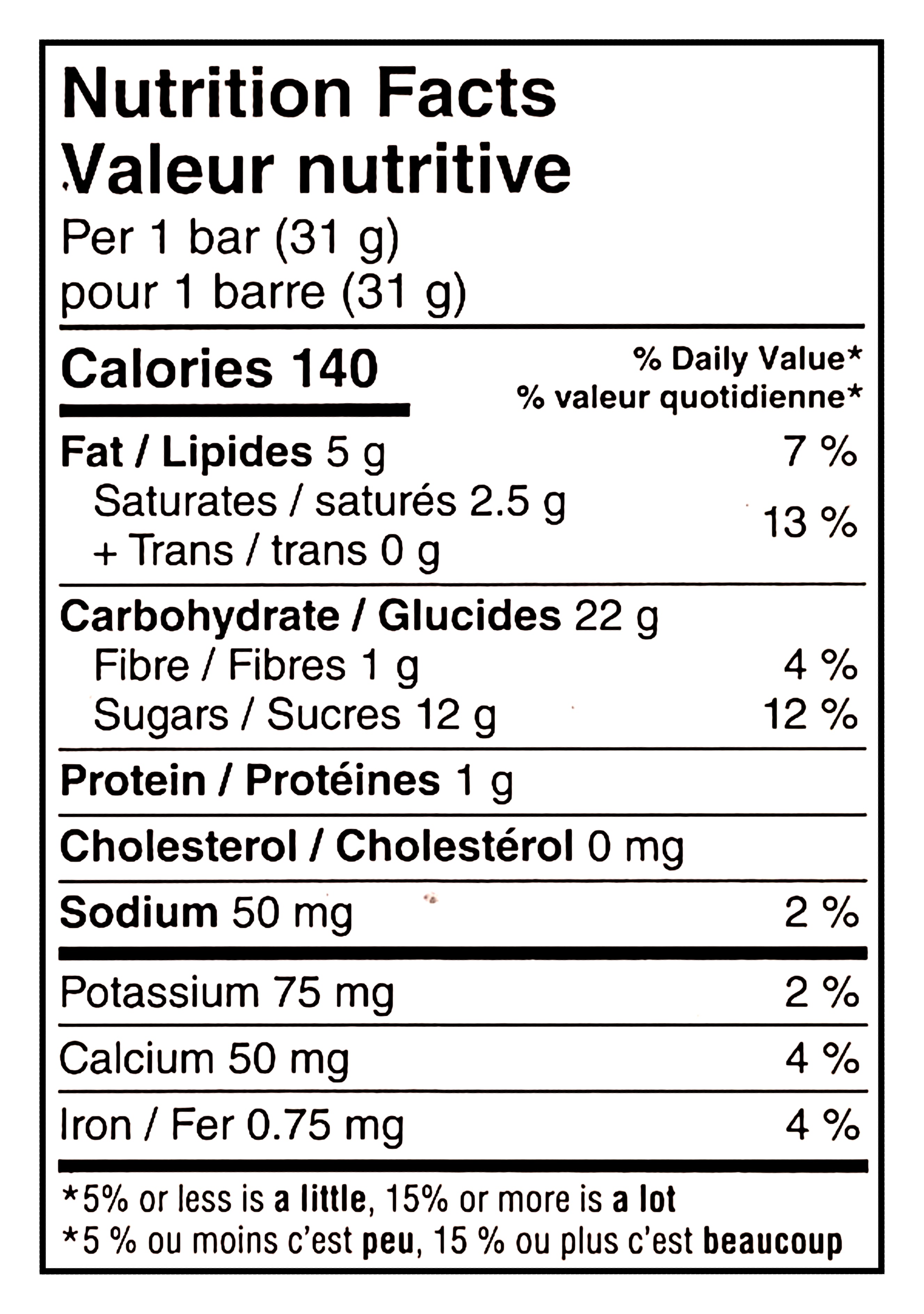 Nutrition facts label for No Name Dipped Chocolate Chip Granola Bars, showing calories, macronutrients, and micronutrients per serving.