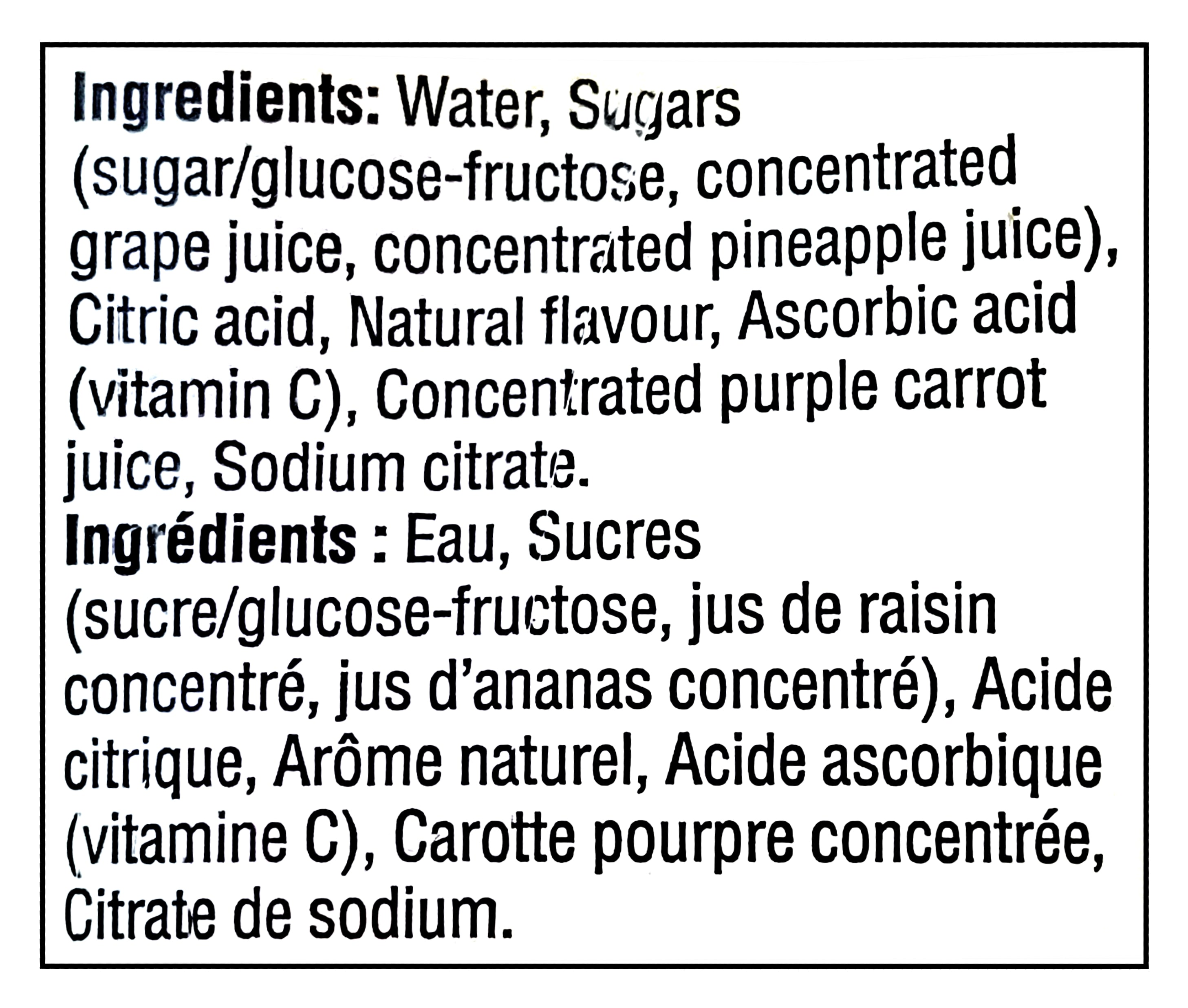 Ingredients list for No Name Fruit Punch Juice Boxes, 10x200ml, 2L/70.5 fl oz on a white background