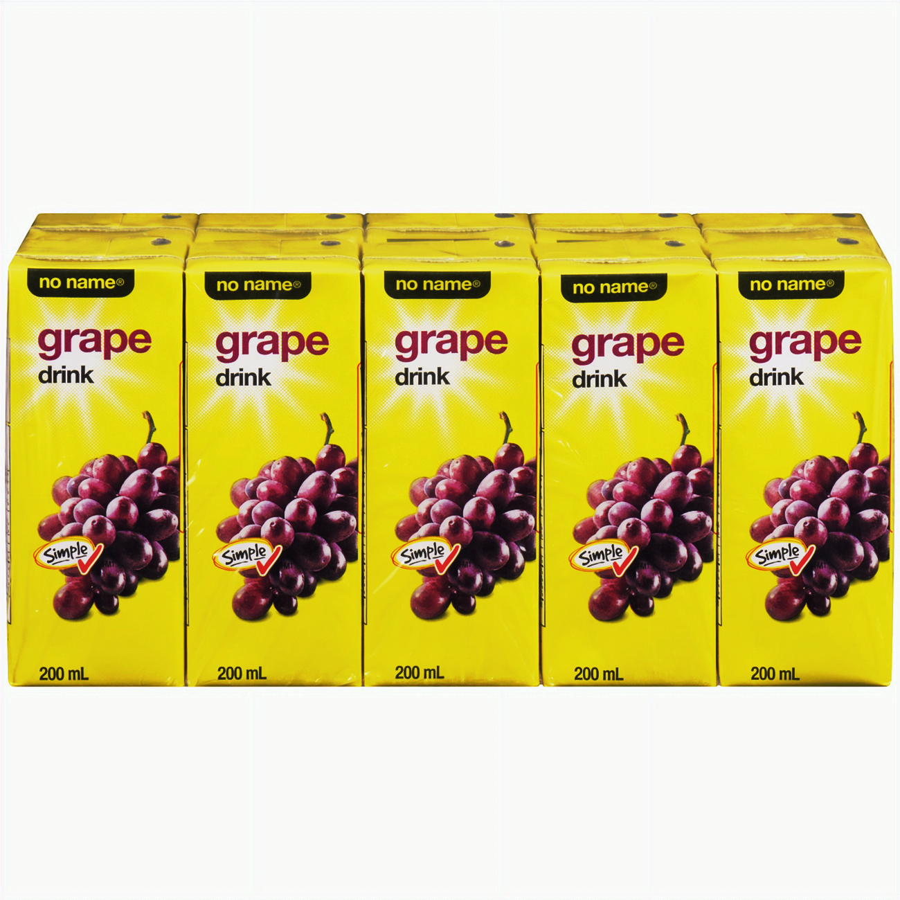 No Name Grape Juice Boxes, 10x200ml, 2L/70.5 fl oz with yellow packaging and purple grapes on a white background.