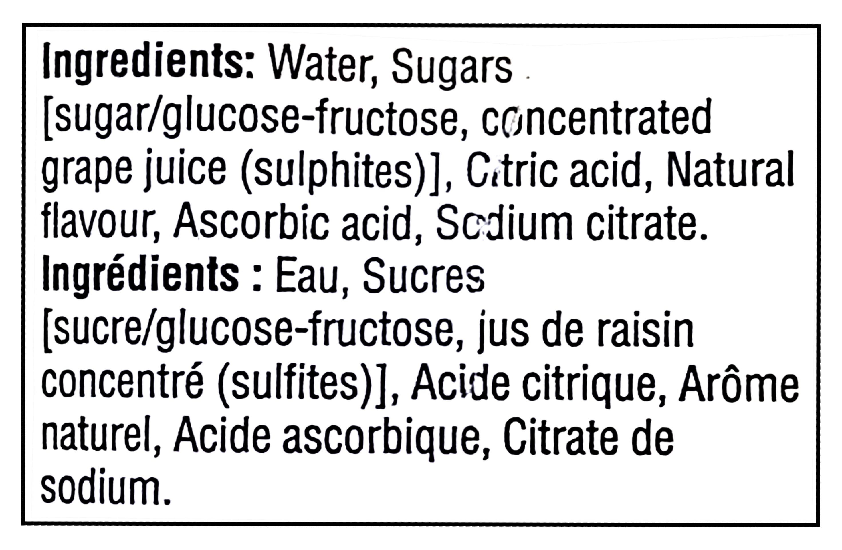 Ingredients list for No Name Grape Juice Boxes, 10x200ml, 2L/70.5 fl oz on a white background