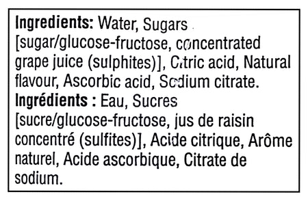 Ingredients list for No Name Grape Juice Boxes, 10x200ml, 2L/70.5 fl oz on a white background