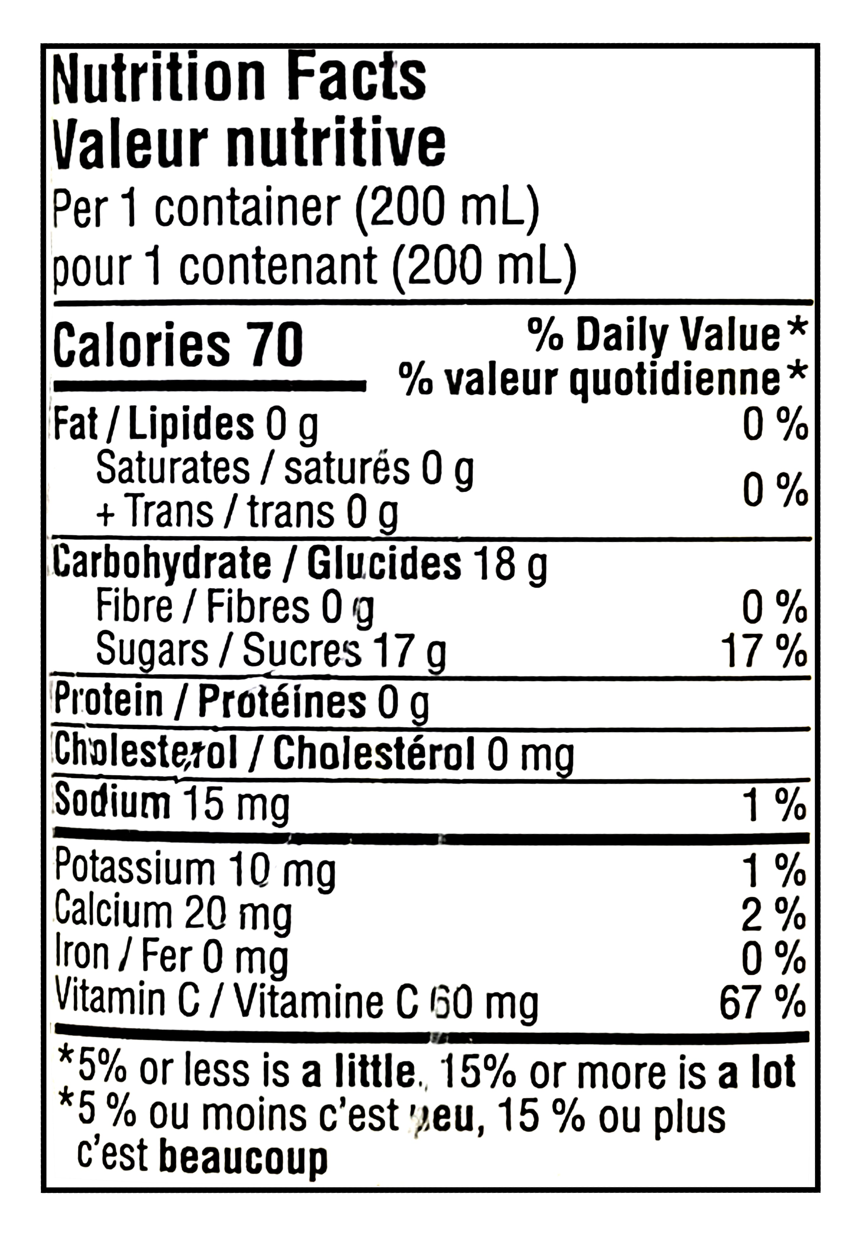 Nutrition facts label for No Name Grape Juice Boxes, 10x200ml, 2L/70.5 fl oz with specific calorie count, macronutrient breakdown, and micronutrient content.