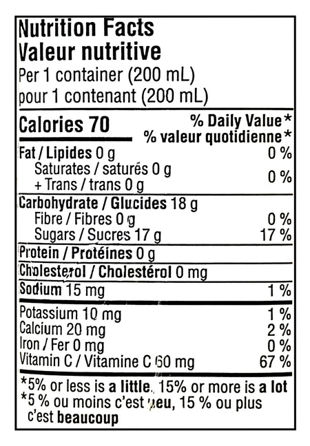 Nutrition facts label for No Name Grape Juice Boxes, 10x200ml, 2L/70.5 fl oz with specific calorie count, macronutrient breakdown, and micronutrient content.