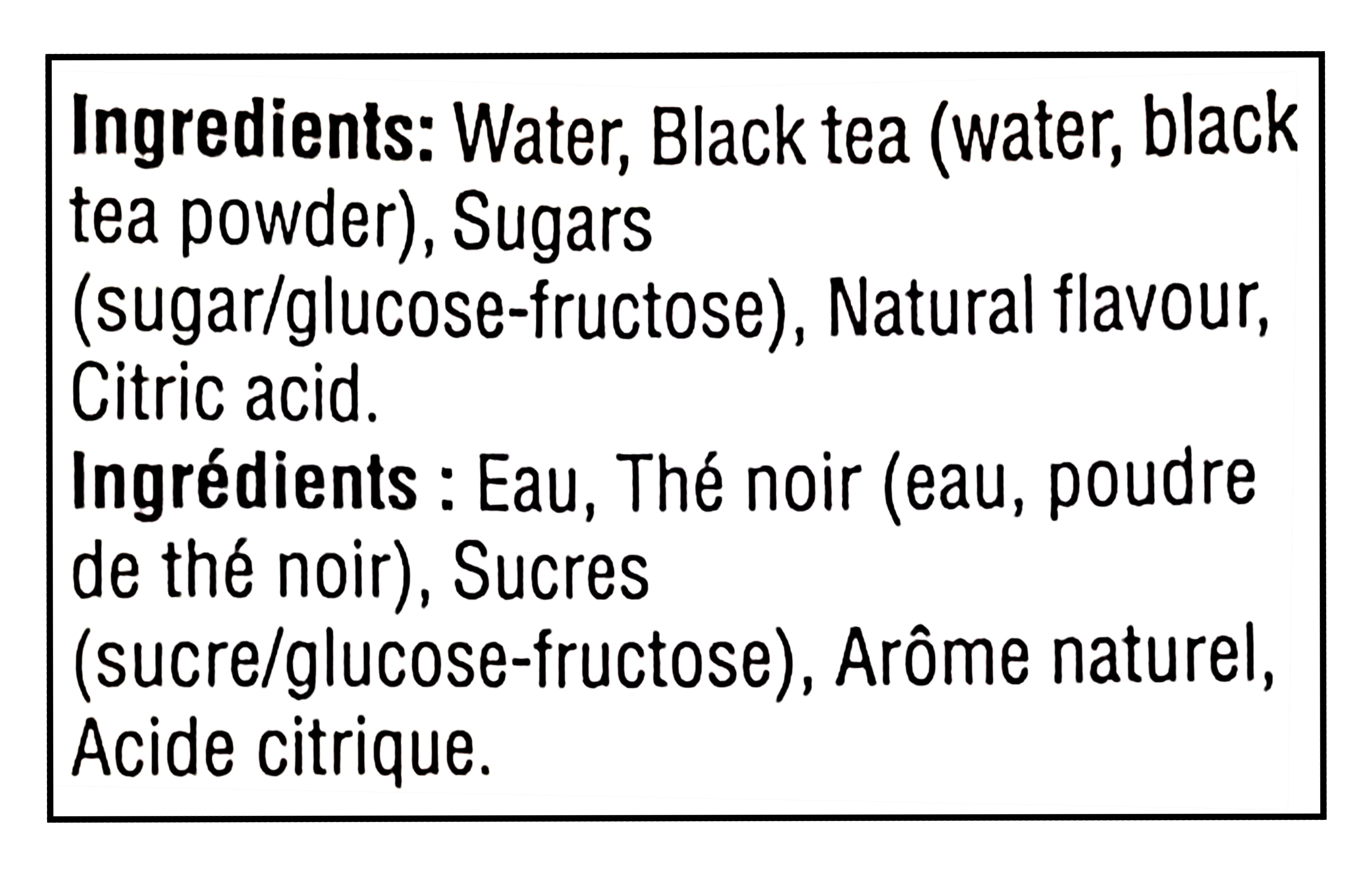 Ingredients list for No Name Ice Tea Juice Boxes, 10x200ml, 2L/70.5 fl oz in English and French.