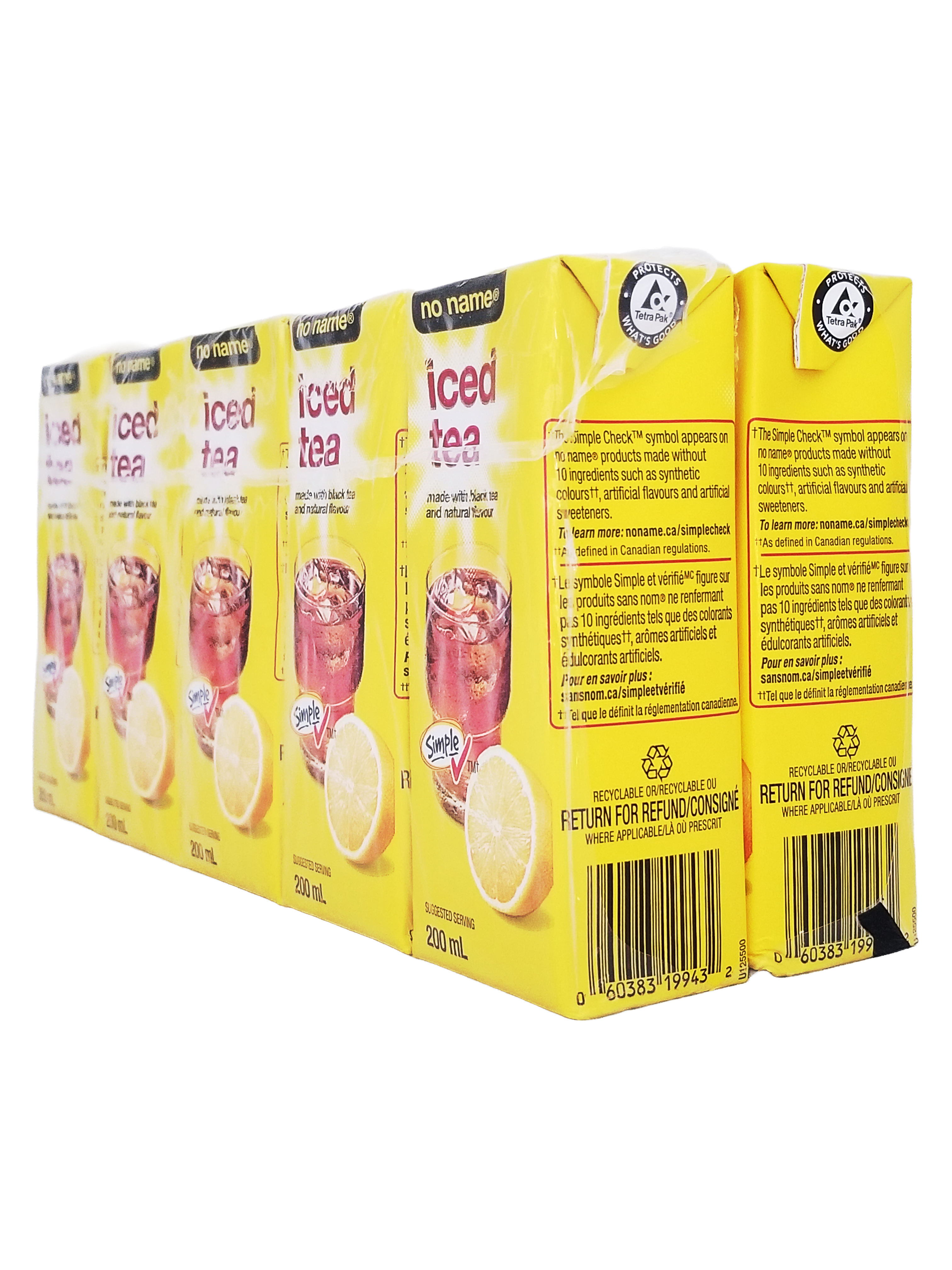 Multiple boxes of No Name Ice Tea Juice Boxes, 10x200ml, 2L/70.5 fl oz with lemon flavor on a white background