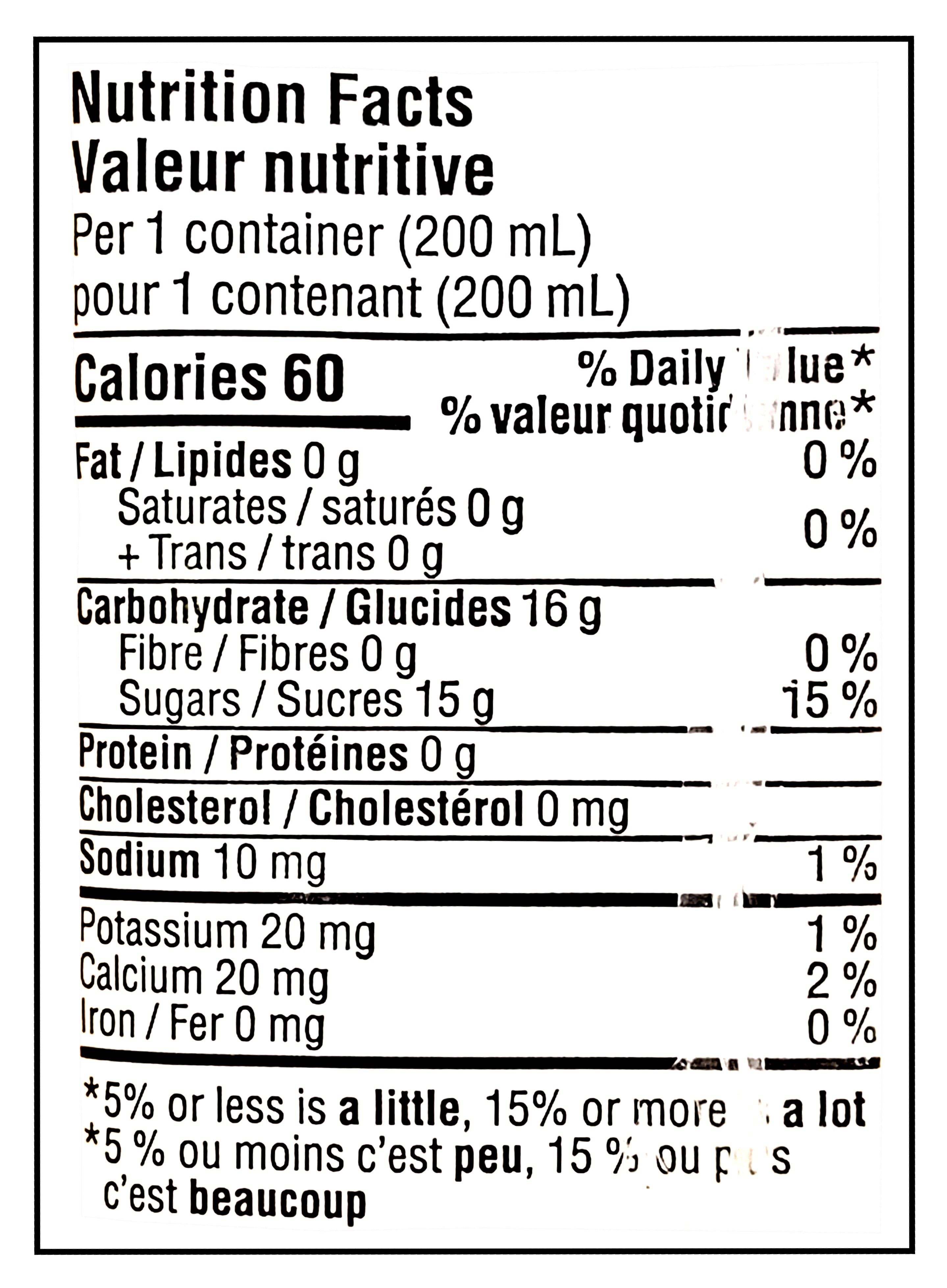 Nutrition facts label for No Name Ice Tea Juice Boxes, 10x200ml, 2L/70.5 fl oz with 60 calories per container, 15 grams of sugars, and various other nutritional values.