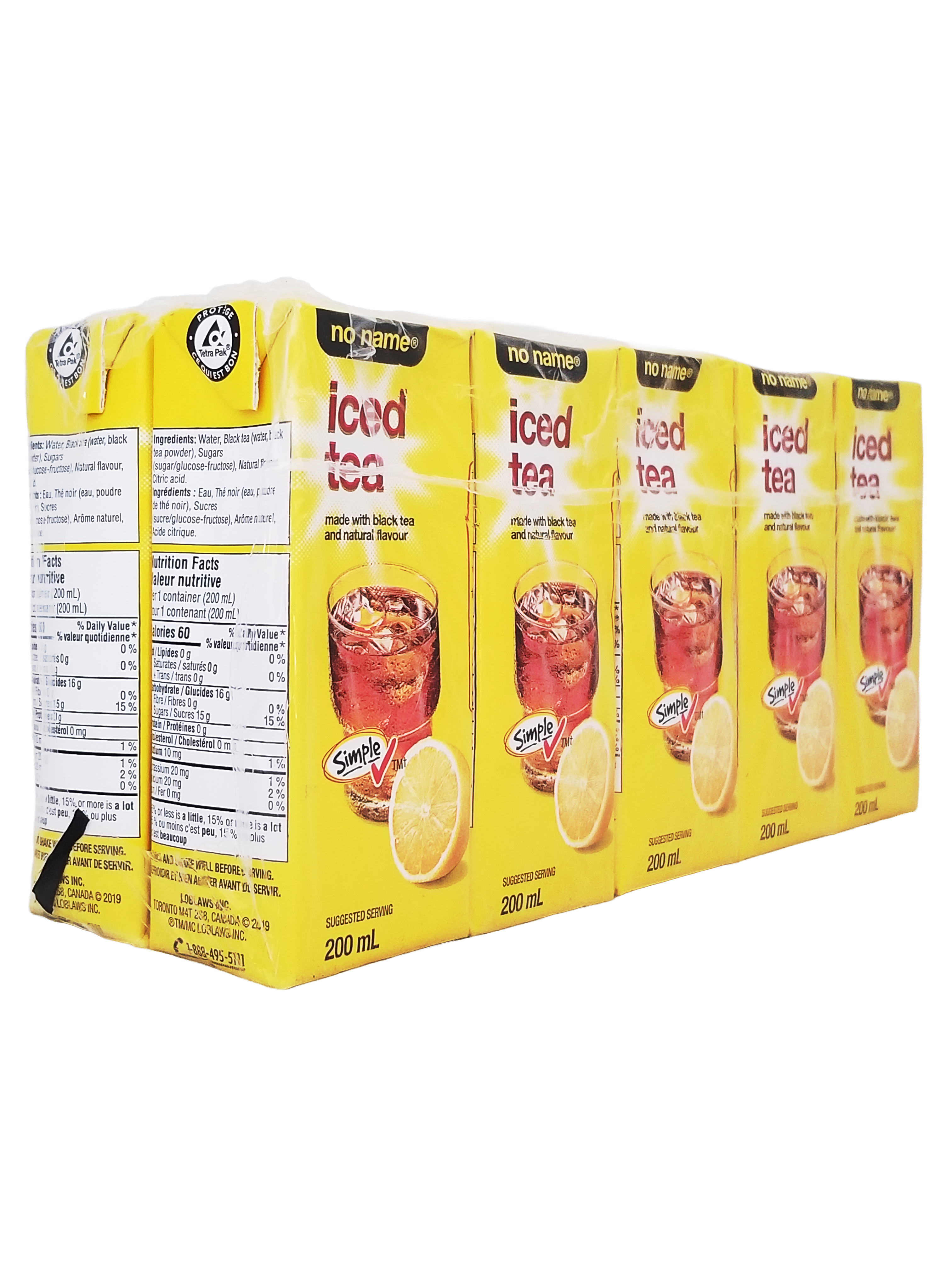 Pack of 10 boxes of No Name Ice Tea Juice Boxes, 10x200ml, 2L/70.5 fl oz with lemon flavor on a white background