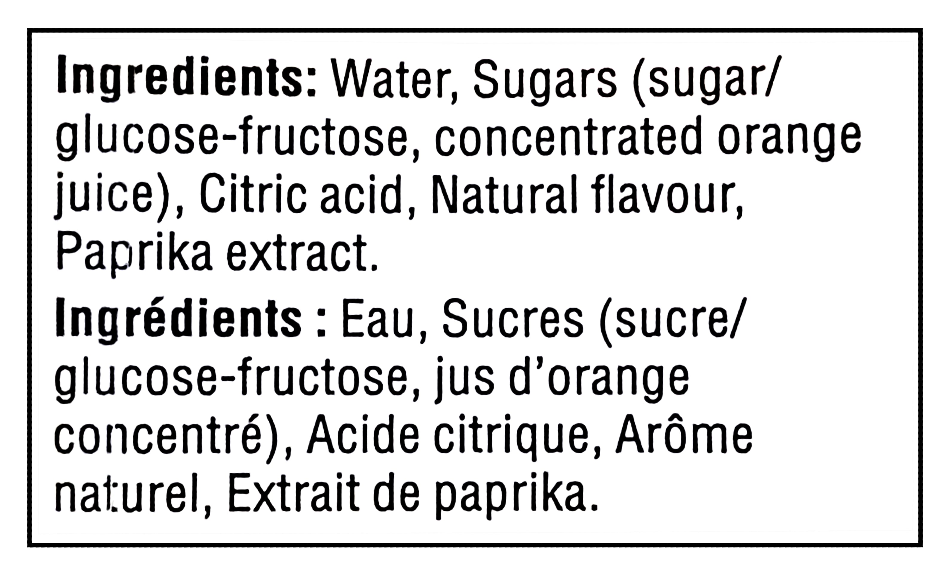 List of ingredients for No Name Orange Juice Boxes, 10x200ml, 2L/70.5 fl oz on a black background