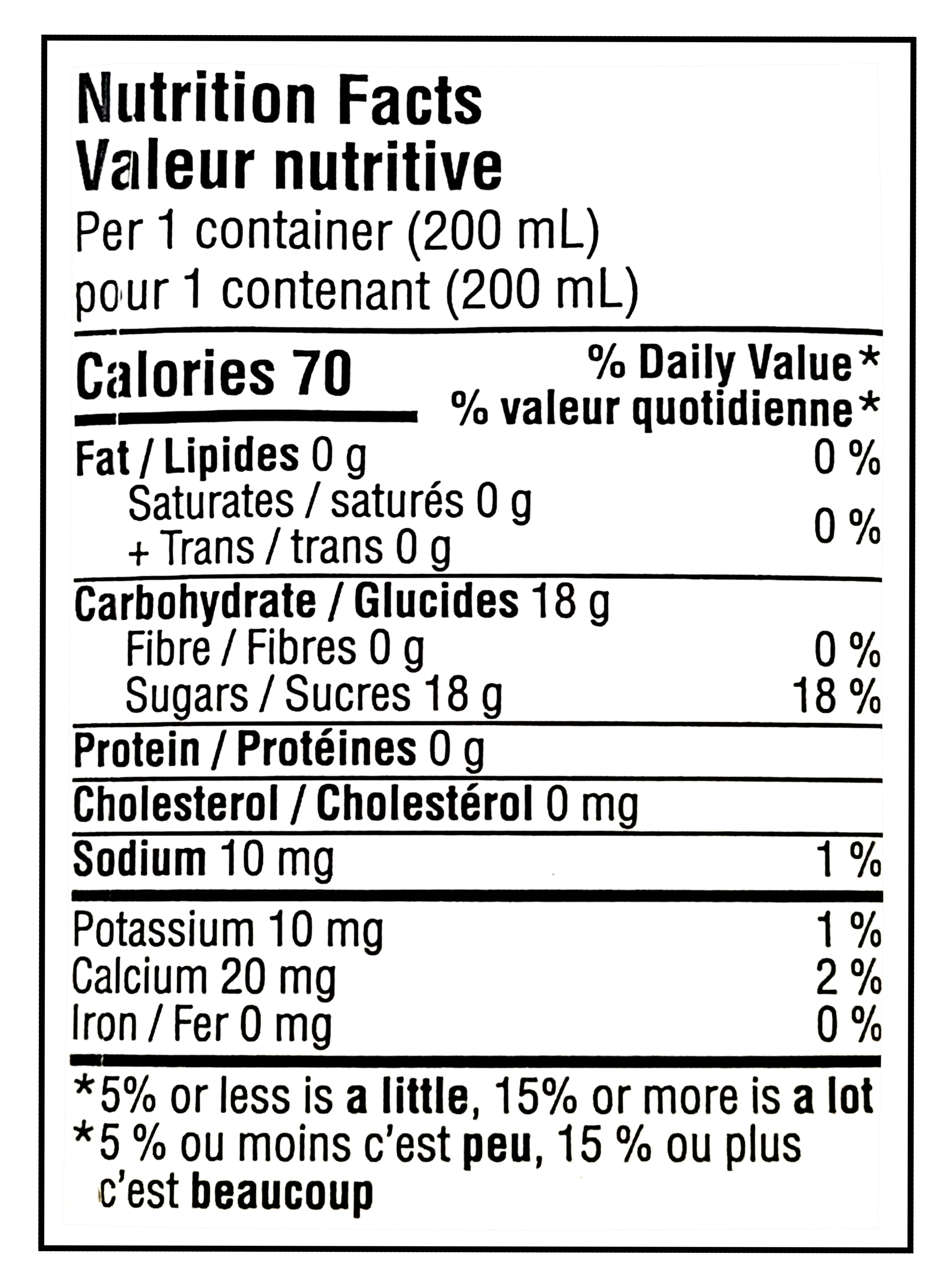 Nutrition facts label for No Name Orange Juice Boxes, 10x200ml, 2L/70.5 fl oz with 18 grams of sugar per container.