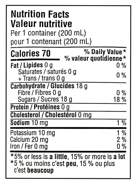 Nutrition facts label for No Name Orange Juice Boxes, 10x200ml, 2L/70.5 fl oz with 18 grams of sugar per container.