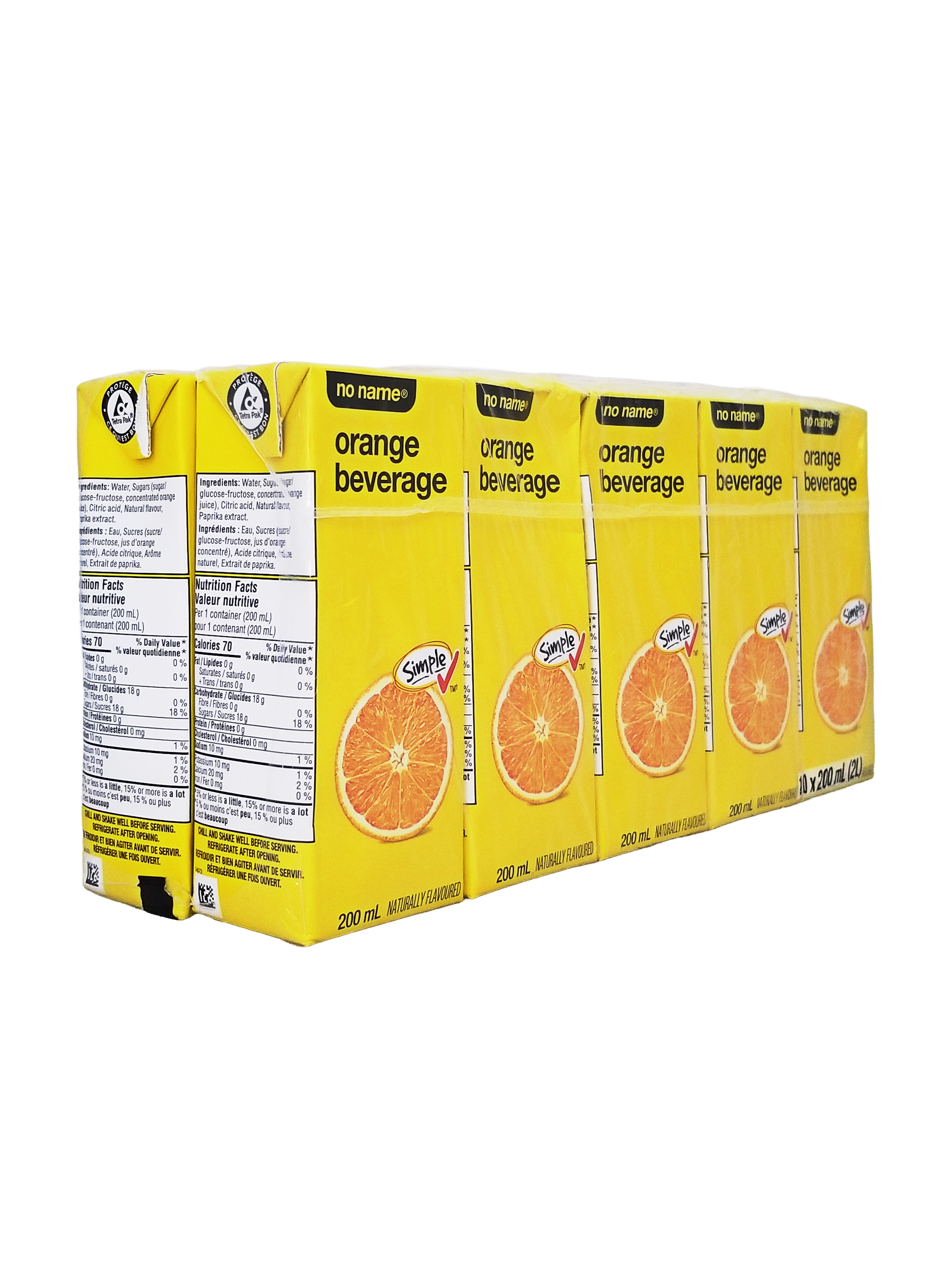 Pack of No Name Orange Juice Boxes, 10x200ml, 2L/70.5 fl oz on a white background