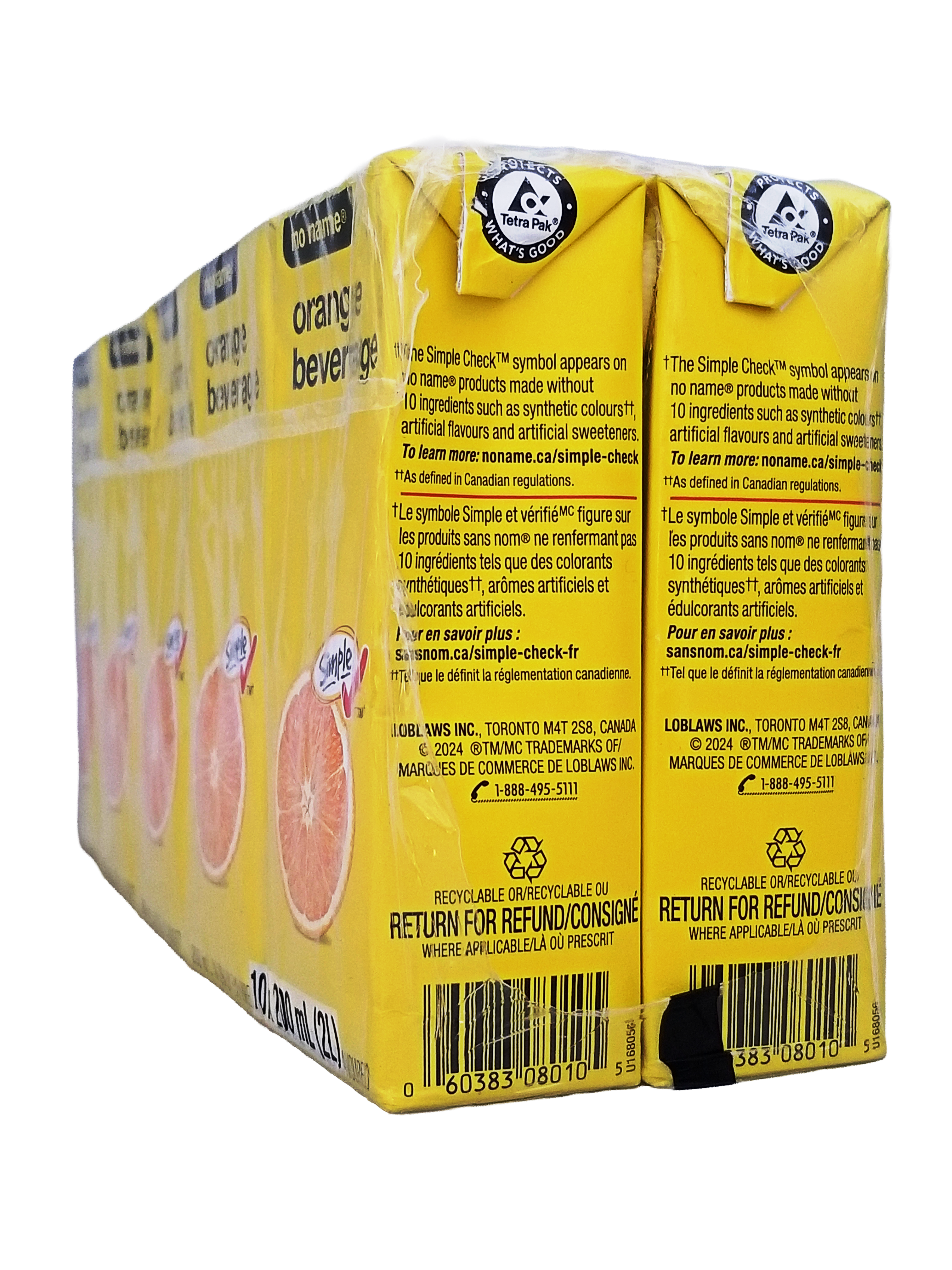 Packaging of No Name Orange Juice Boxes, 10x200ml, 2L/70.5 fl oz with visible branding and text on a white background