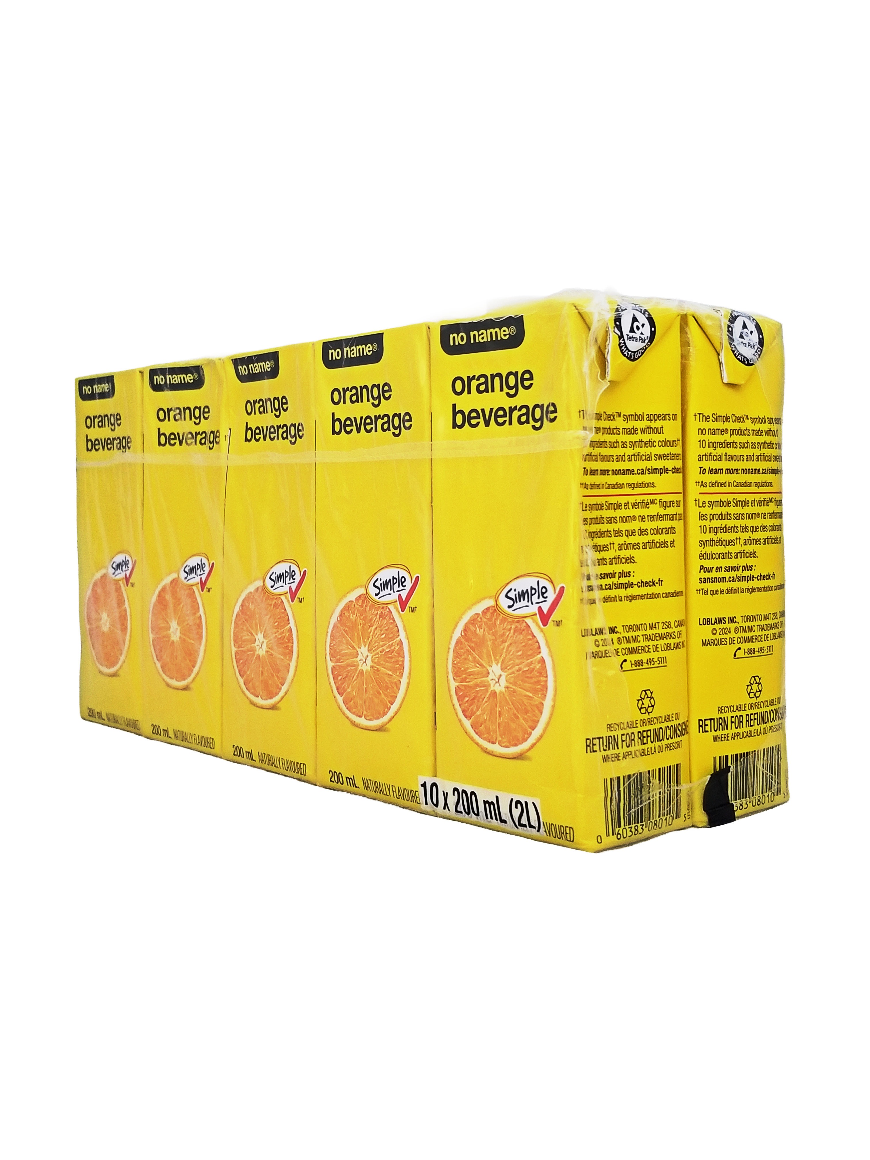 Box of No Name Orange Juice Boxes, 10x200ml, 2L/70.5 fl oz on a white background