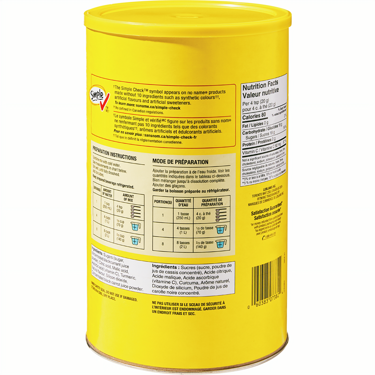 No Name Peach Drink Mix, 2.3kg/81.1 oz with nutritional information and preparation instructions on a white background