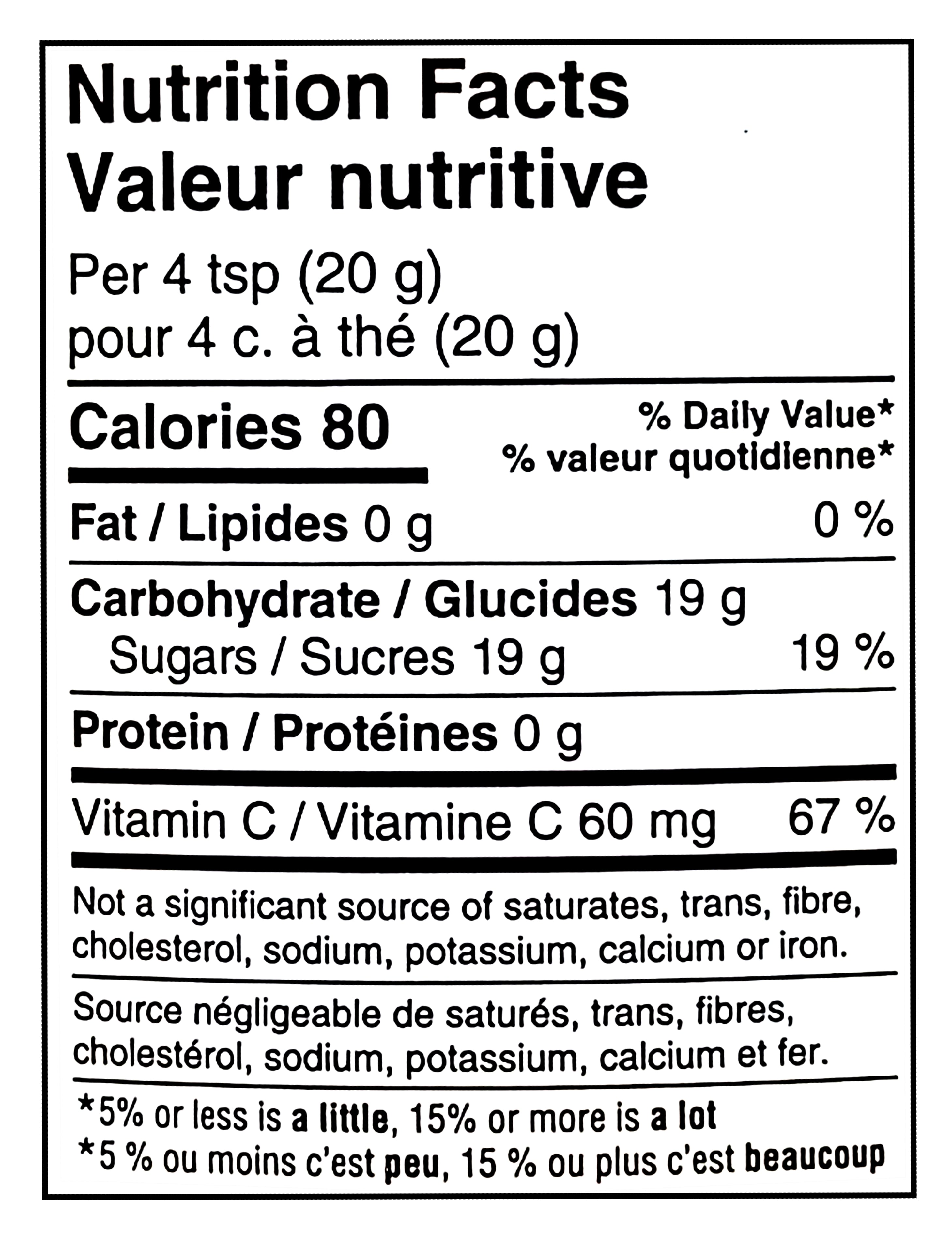 Nutrition facts label for a No Name Peach Drink Mix, 2.3kg/81.1 oz with 80 calories, 19g of carbohydrates, and 60mg of Vitamin C per 4 tsp.
