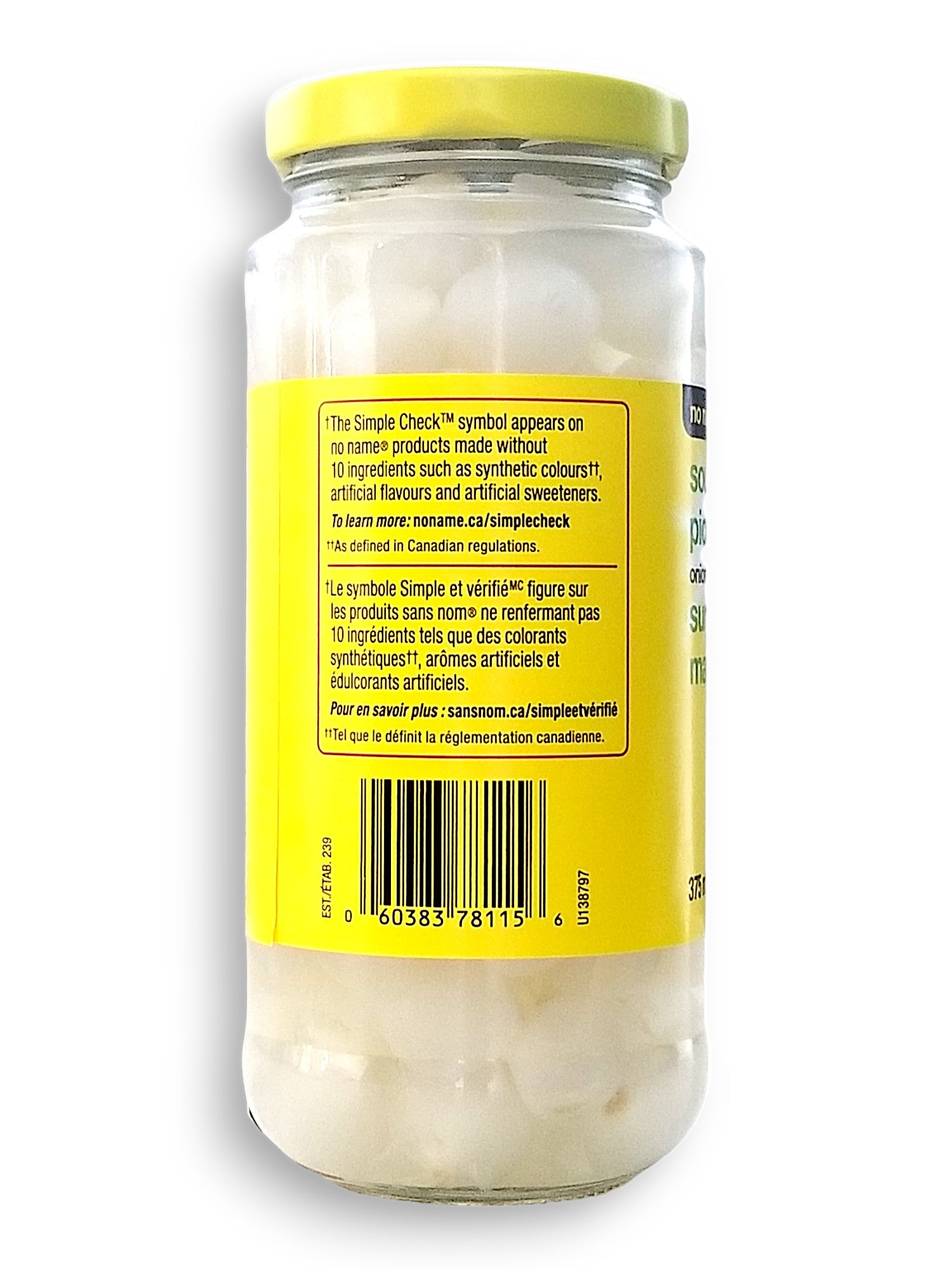 No Name Sour Pickled Onions 375ml, back of jar.