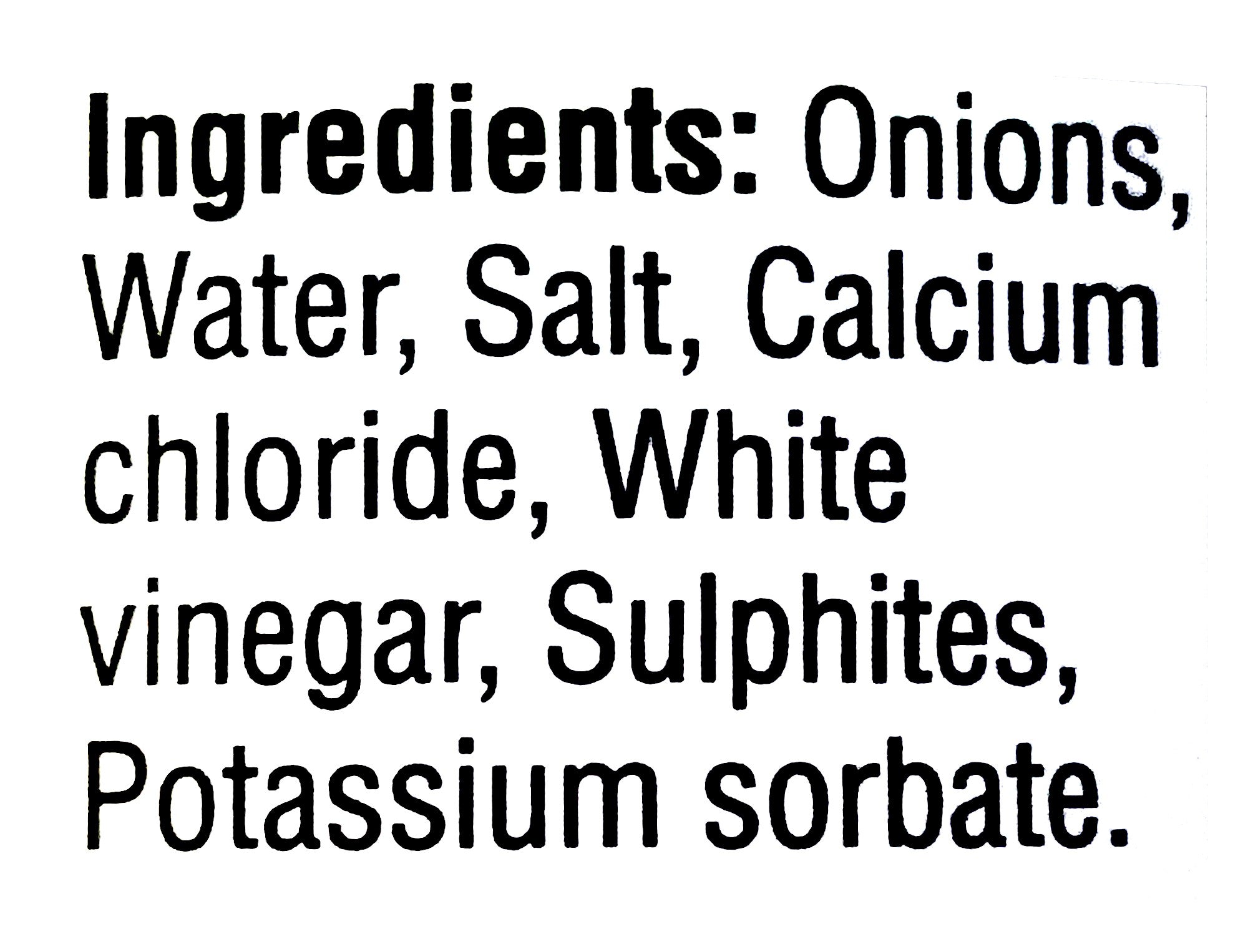 No Name Sour Pickled Onions 375ml, ingredients label.