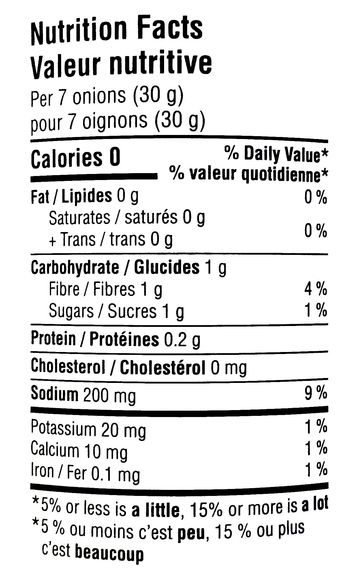 No Name Sour Pickled Onions 375ml, nutrition facts label.
