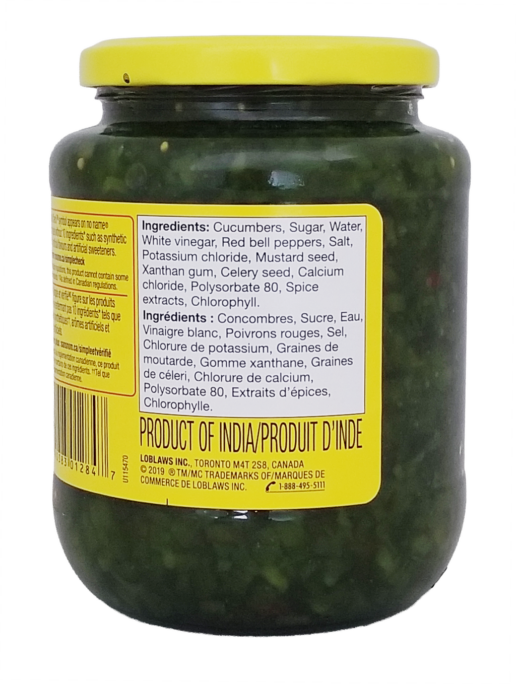 Jar of No Name Sweet Green Relish, 750ml/26.45 oz with a yellow label showing ingredients and product details.
