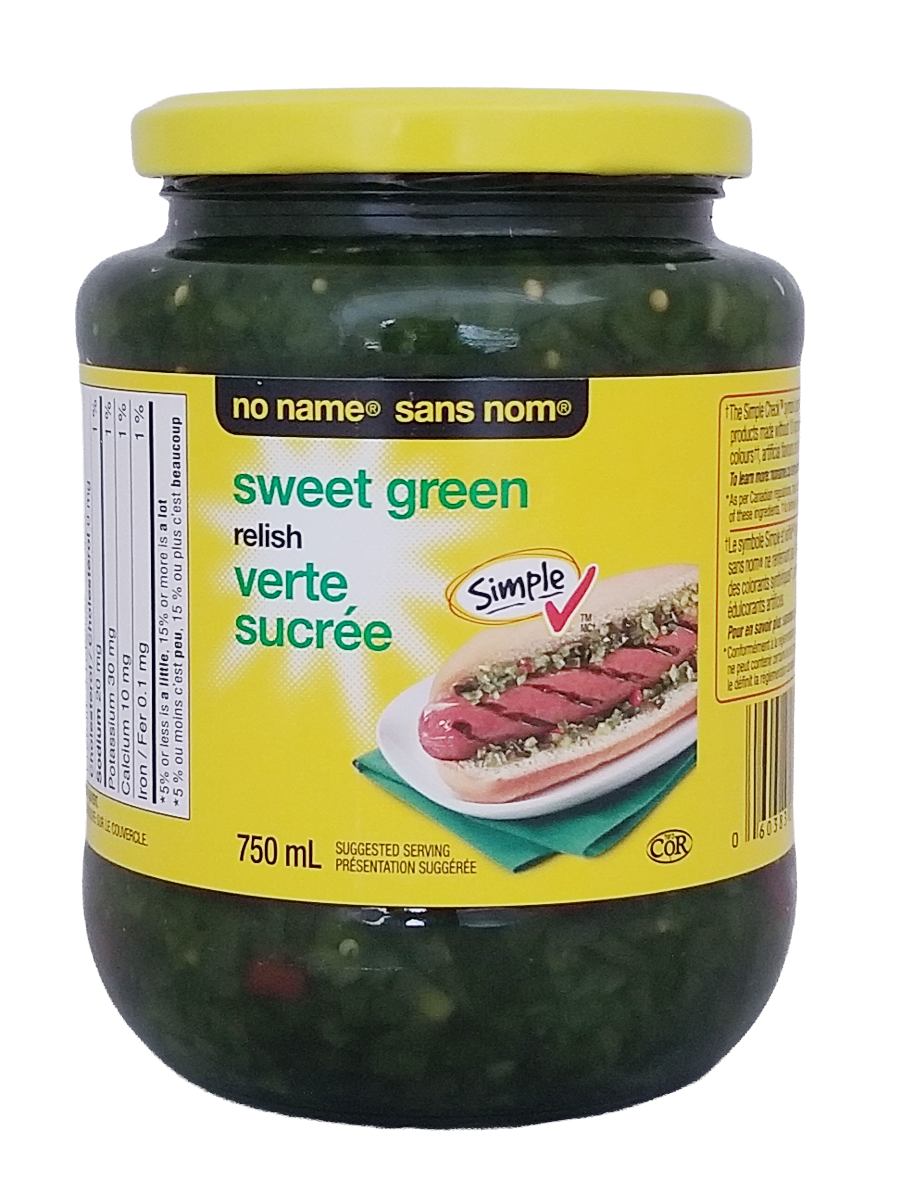 Jar of No Name Sweet Green Relish, 750ml/26.45 oz with yellow label on a white background.