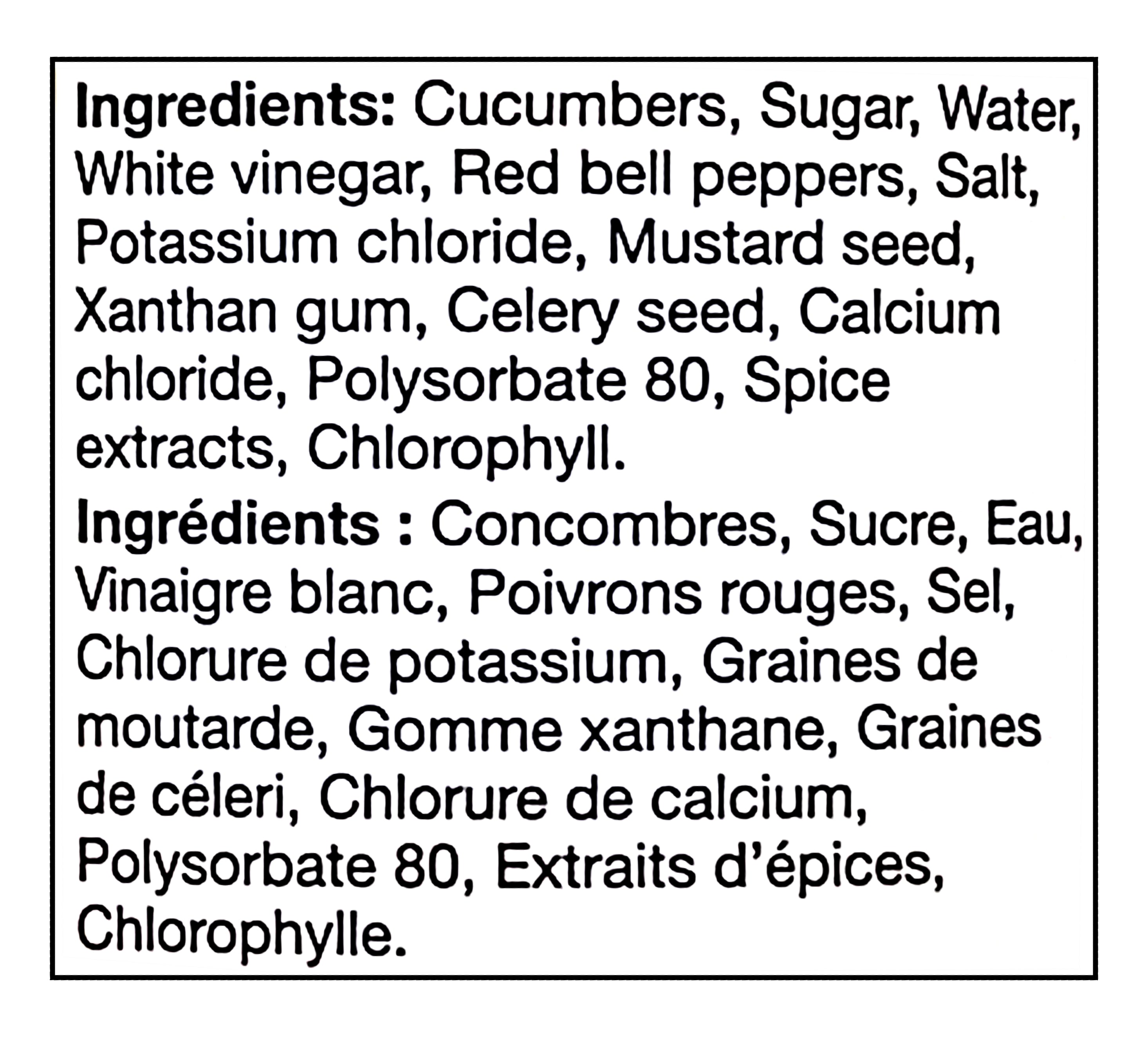 List of ingredients for No Name Sweet Green Relish, 750ml/26.45 oz on a white background