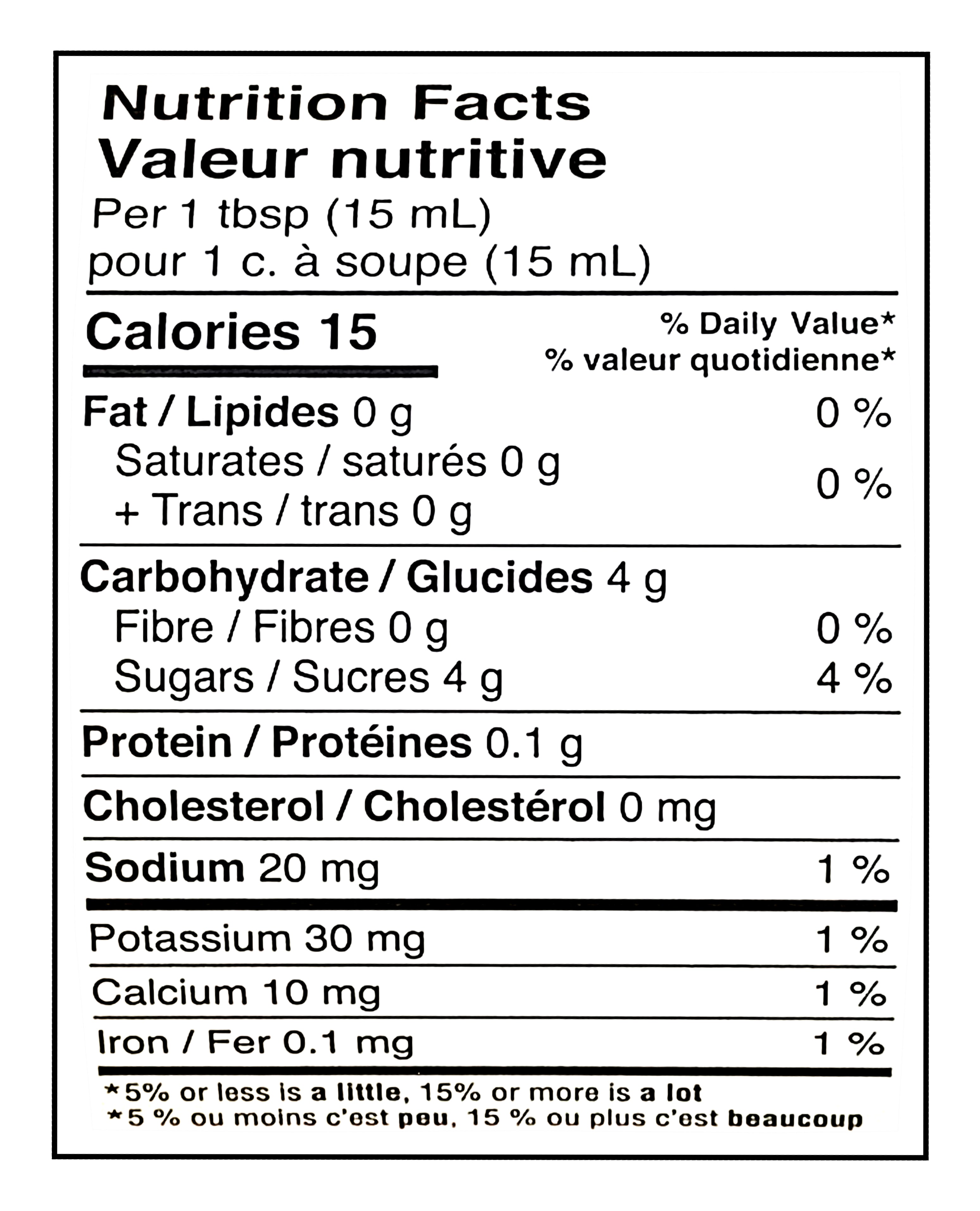 Nutrition facts label No Name Sweet Green Relish, 750ml/26.45 oz per 15 mL serving.