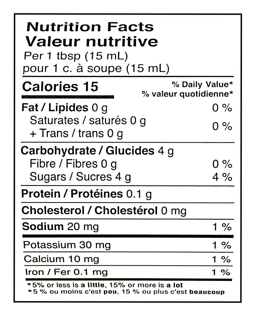 Nutrition facts label No Name Sweet Green Relish, 750ml/26.45 oz per 15 mL serving.