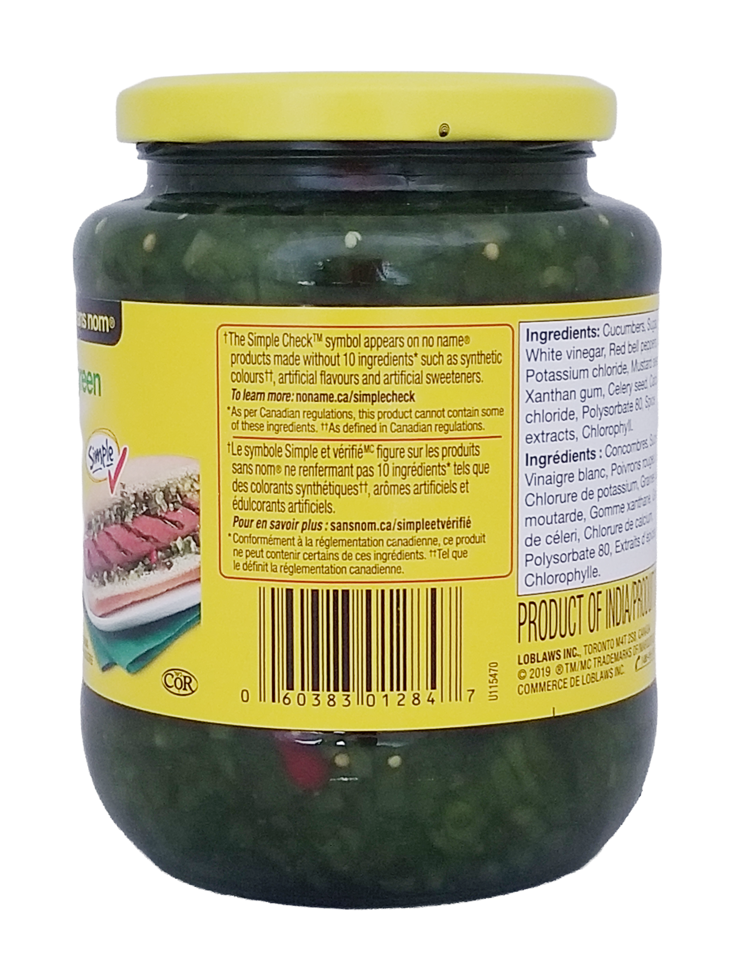 Back view of a jar of No Name Sweet Green Relish, 750ml/26.45 oz with a yellow label on a white background.
