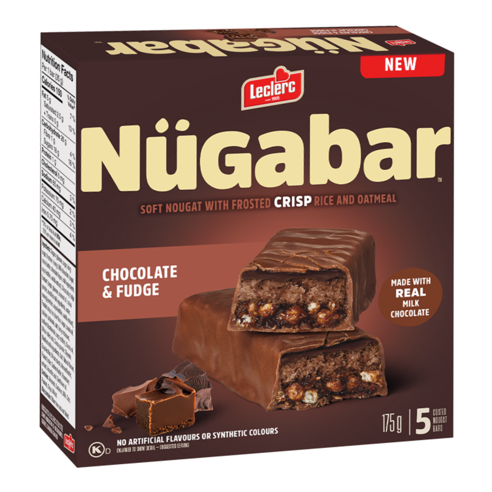 Leclerc Nügabar Coated Nougat Bars, Chocolate Fudge Flavour, 5 Bars, 175g/6 oz. Box