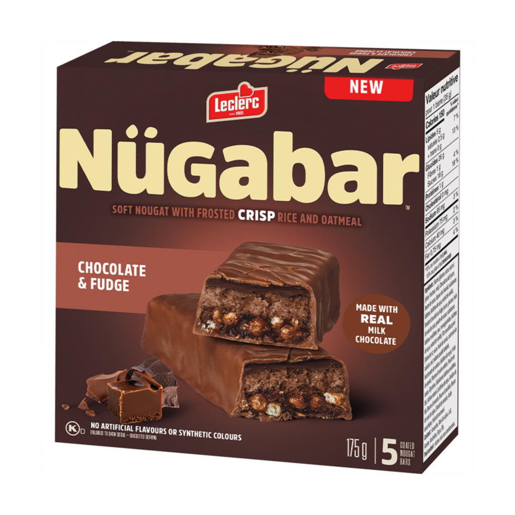 Leclerc Nügabar Coated Nougat Bars, Chocolate Fudge Flavour, 5 Bars, 175g/6 oz. Box