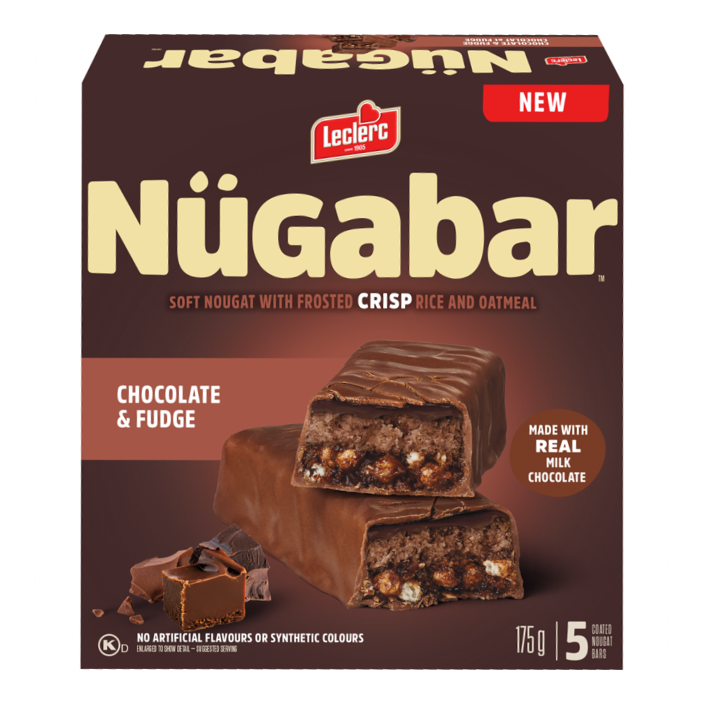 Leclerc Nügabar Coated Nougat Bars, Chocolate Fudge Flavour, 5 Bars, 175g/6 oz. Box