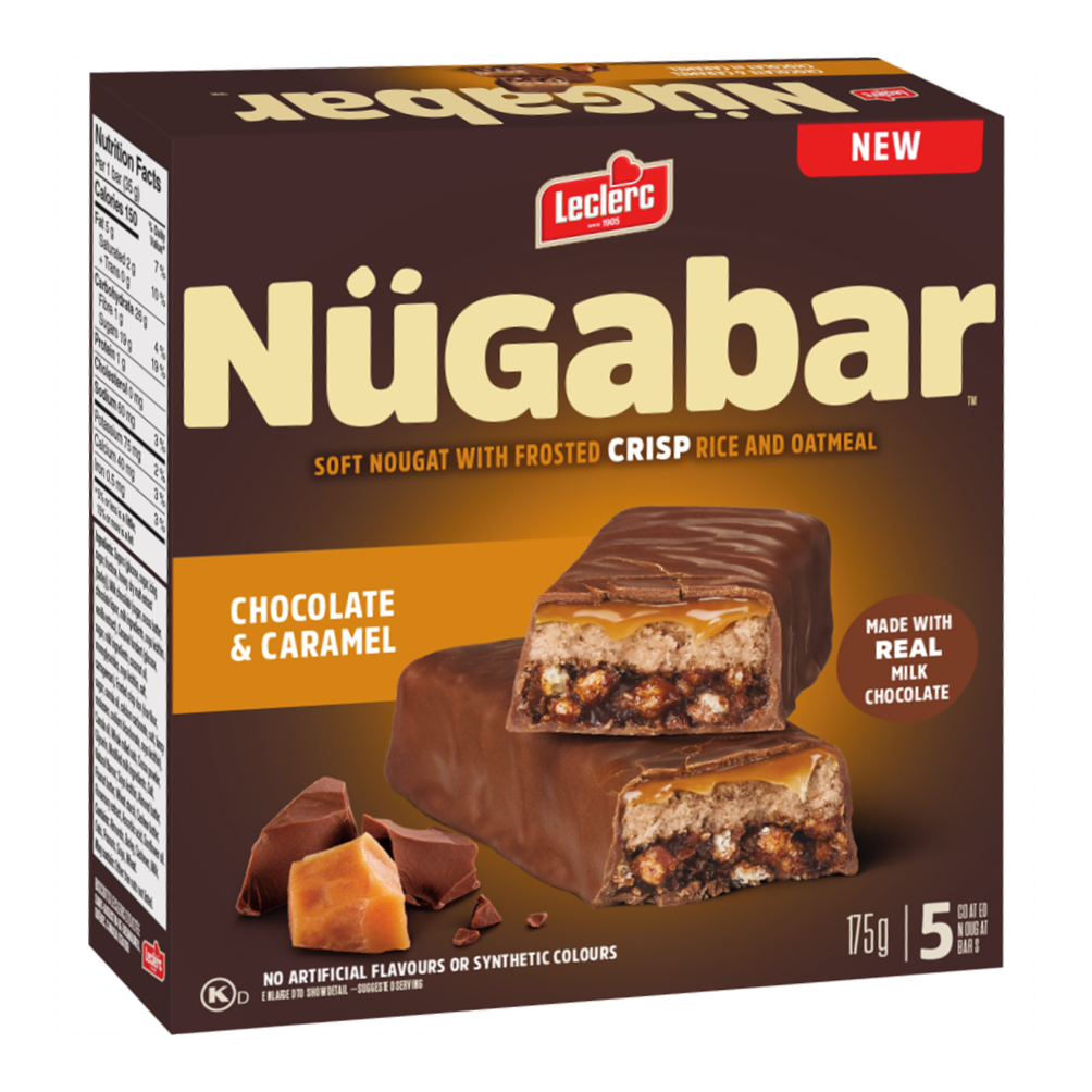 Leclerc Nügabar Coated Nougat Bars, Chocolate Caramel Flavour, 5 Bars, 175g/6 oz. Box