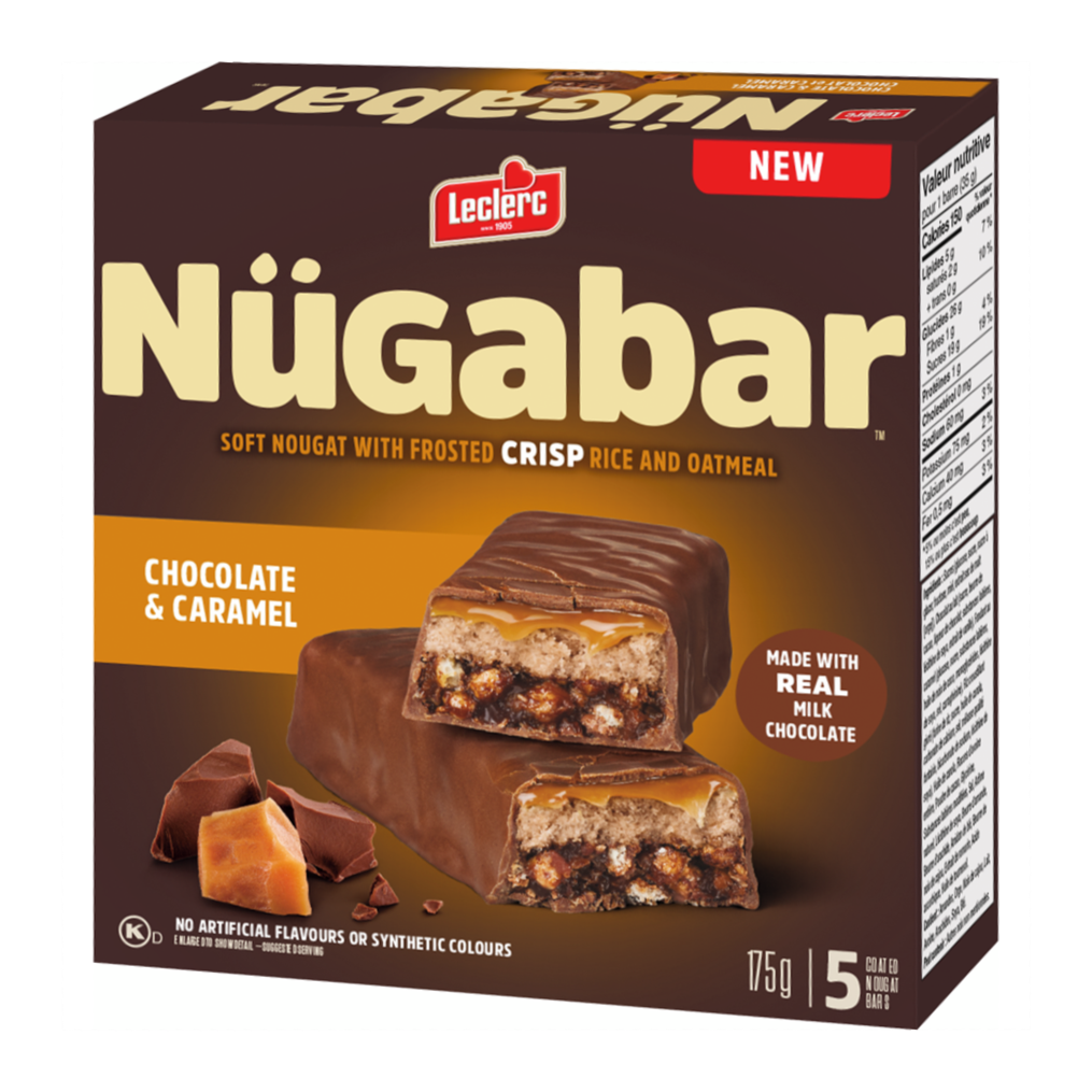 Leclerc Nügabar Coated Nougat Bars, Chocolate Caramel Flavour, 5 Bars, 175g/6 oz. Box