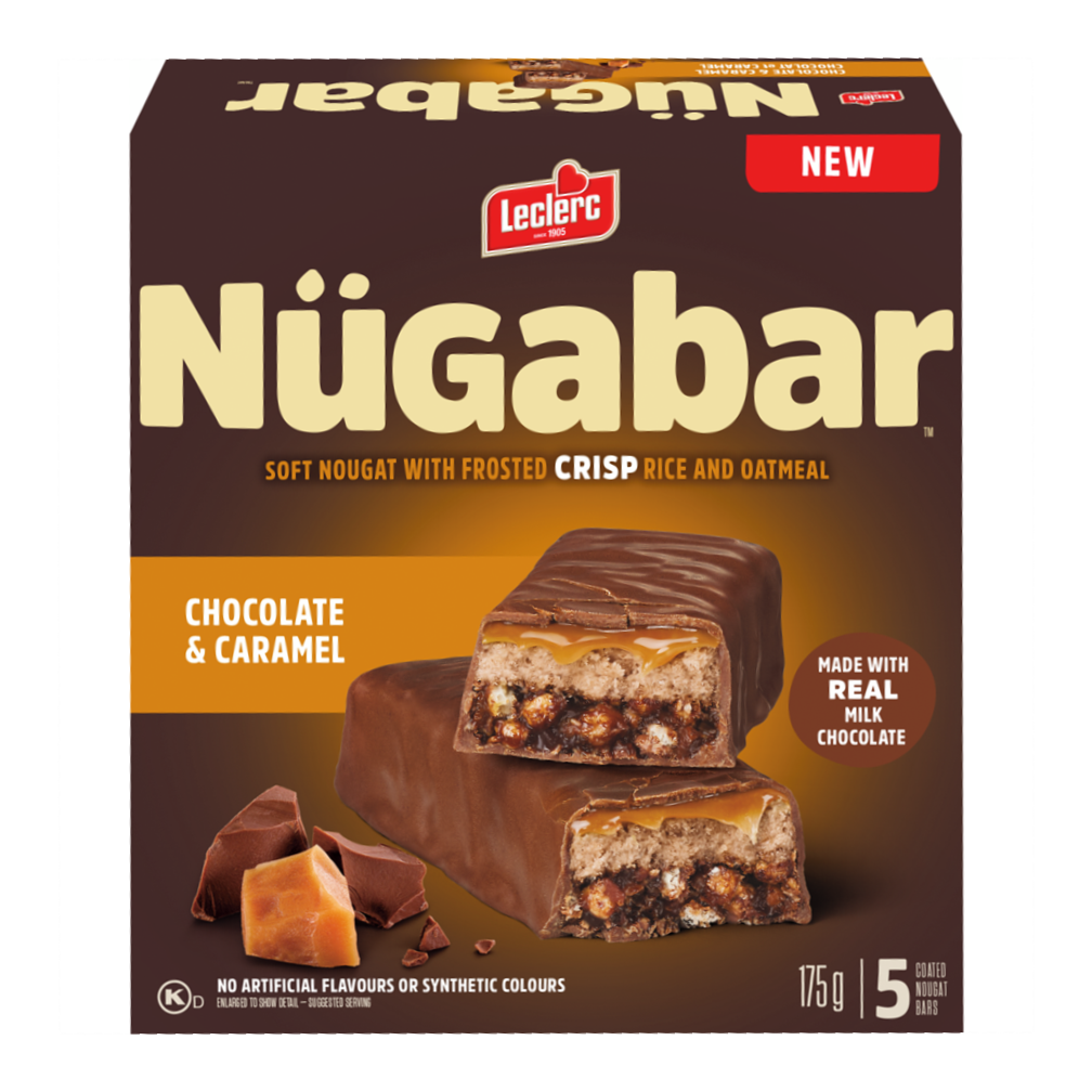 Leclerc Nügabar Coated Nougat Bars, Chocolate Caramel Flavour, 5 Bars, 175g/6 oz. Box