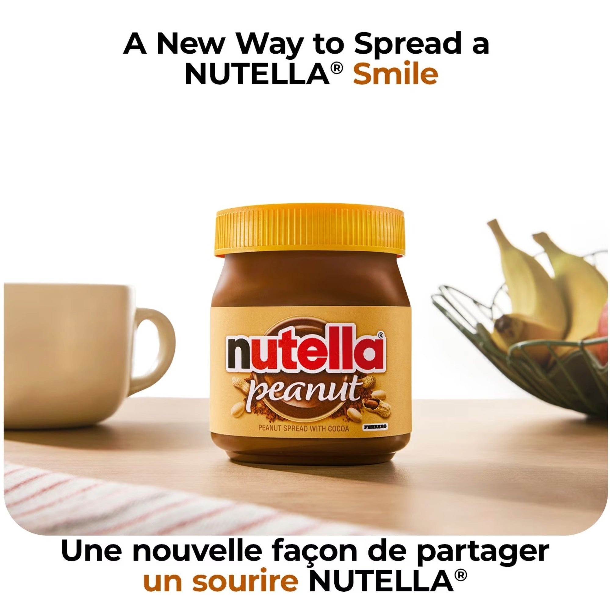 Nutella Peanut Spread 375g jar on breakfast table — a new way to spread a Nutella smile, by Ferrero Canada