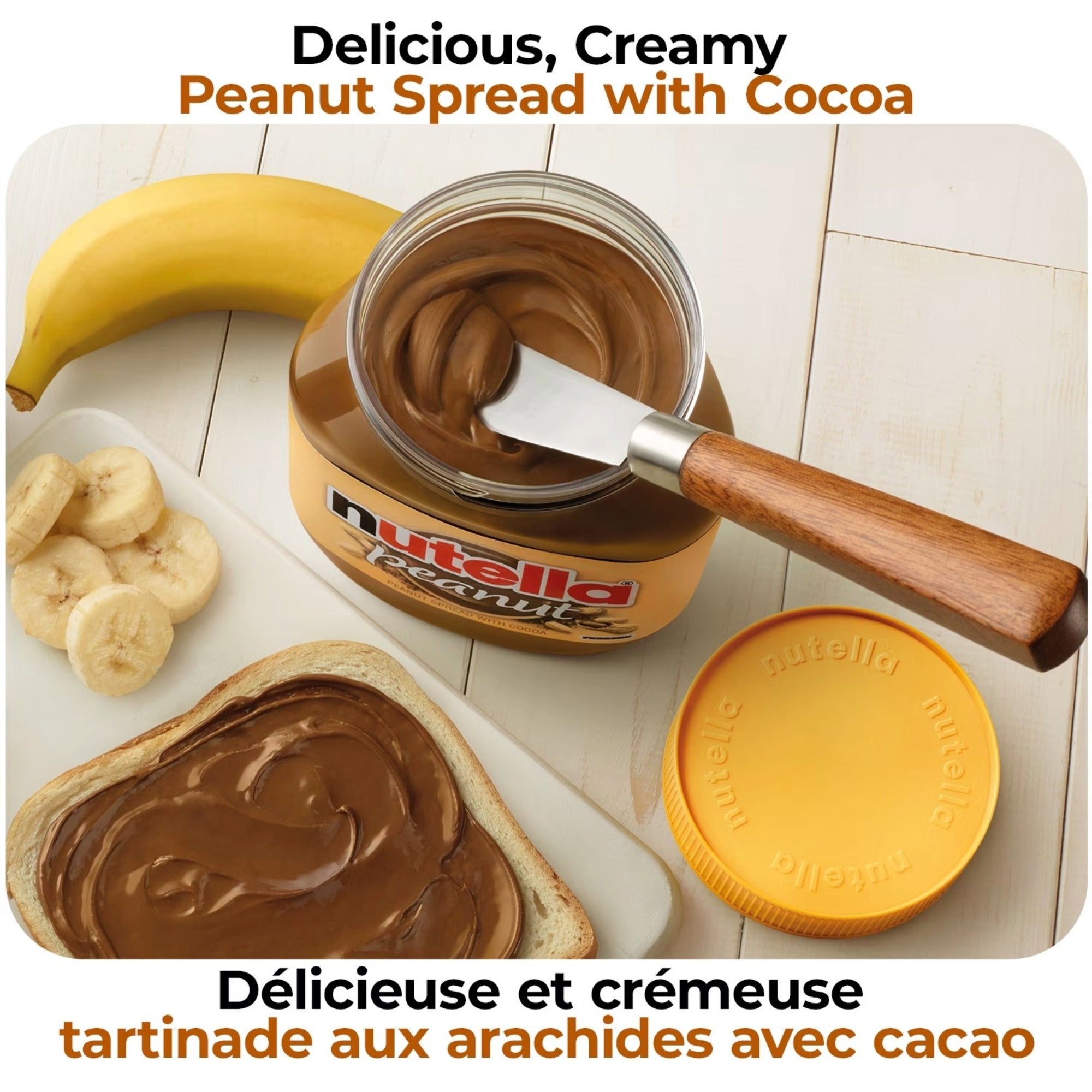 Nutella Peanut Spread 375g close-up — creamy peanut spread with cocoa, smooth texture, Canadian import