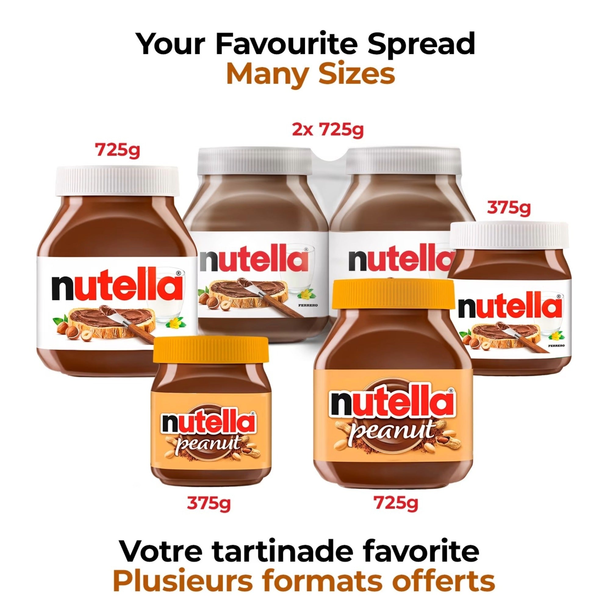 Nutella Peanut Spread 375g and 725g size comparison with Nutella hazelnut spread — Canadian import, multiple sizes available
