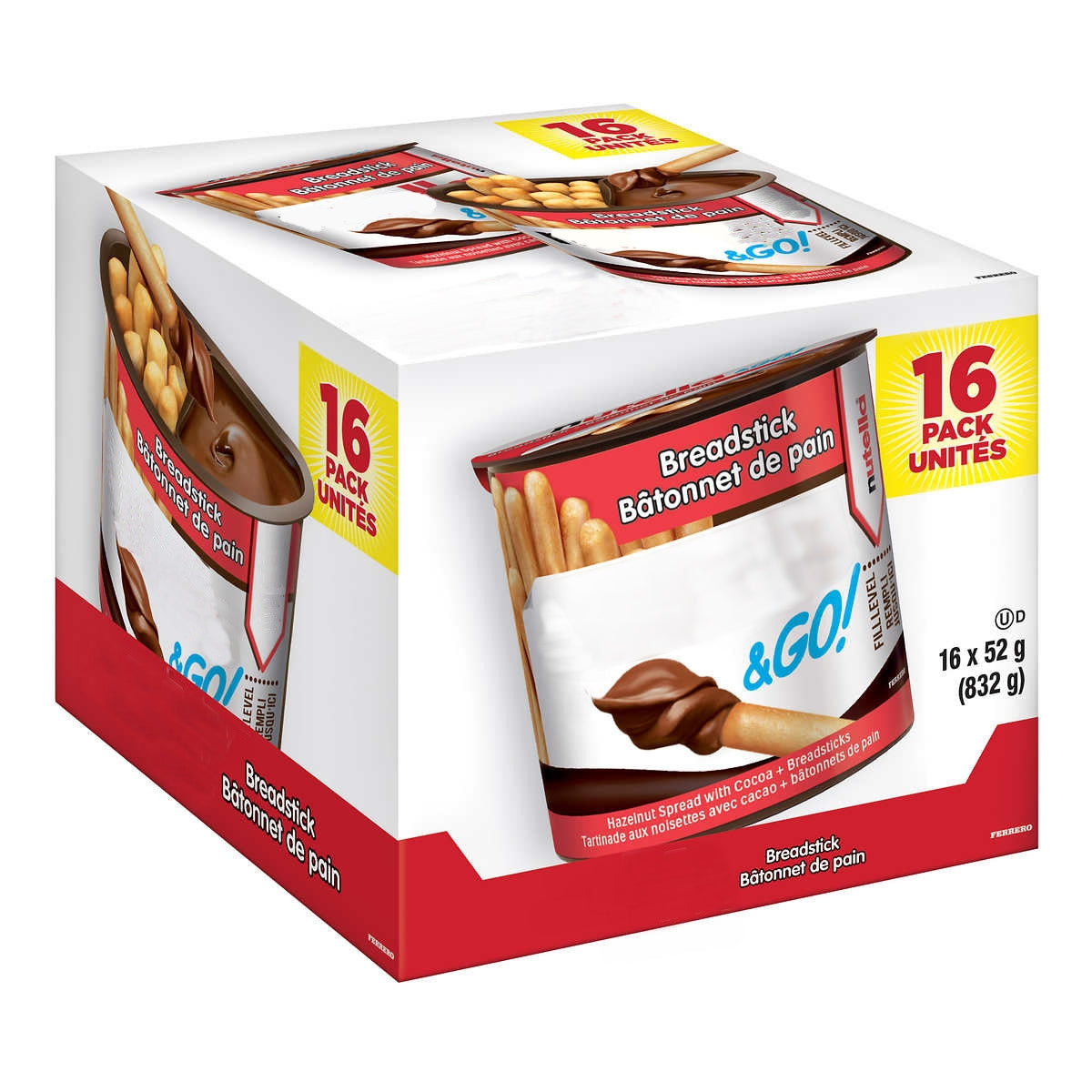 Nutella & Go Snack Packs, Chocolate Hazelnut Spread with Breadsticks, 16ct, 52g/1.8 oz per pack, {Imported from Canada}