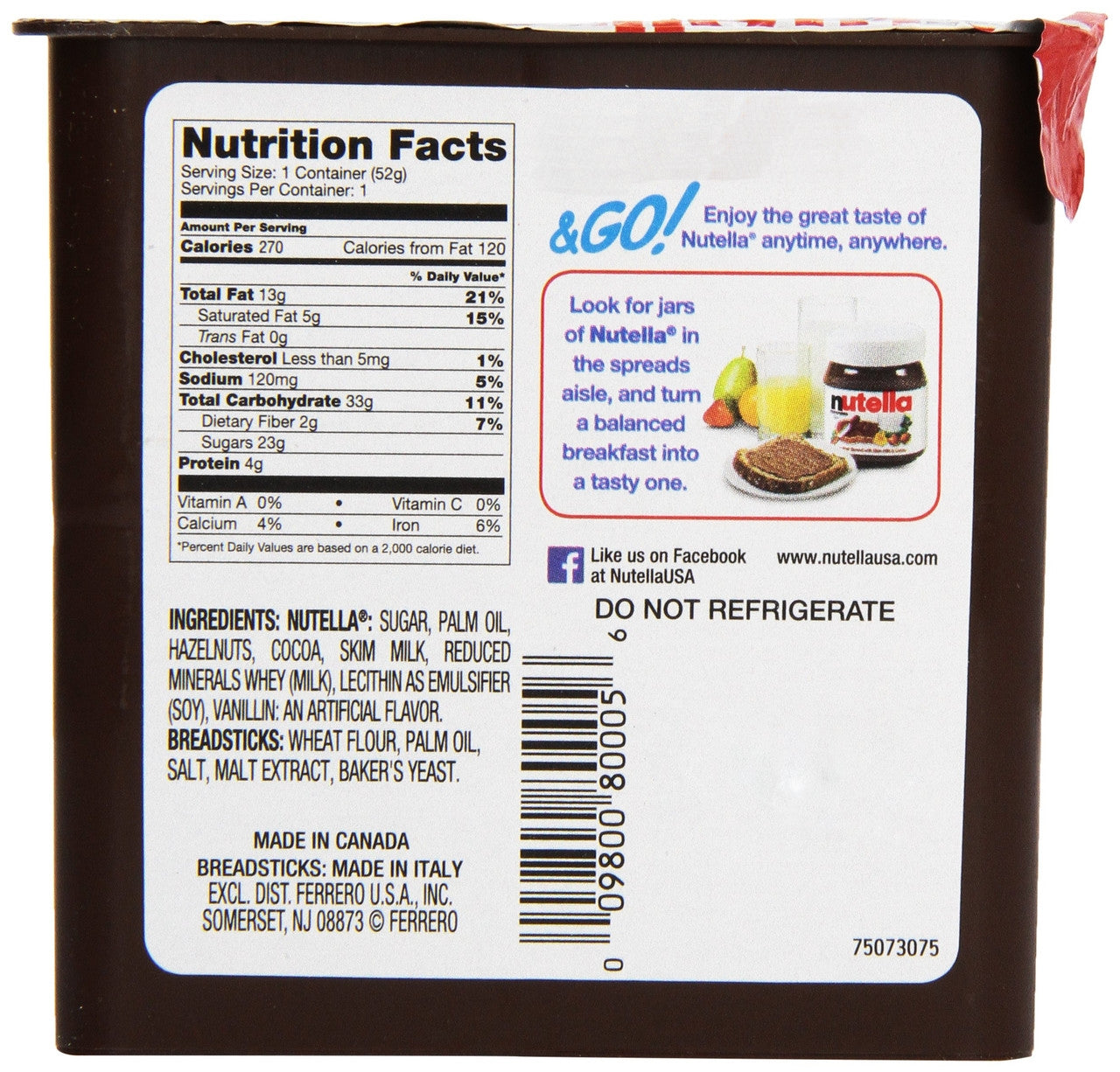 Nutella & Go Snack Packs, Chocolate Hazelnut Spread with Breadsticks, 16ct, 52g/1.8 oz per pack, {Imported from Canada}