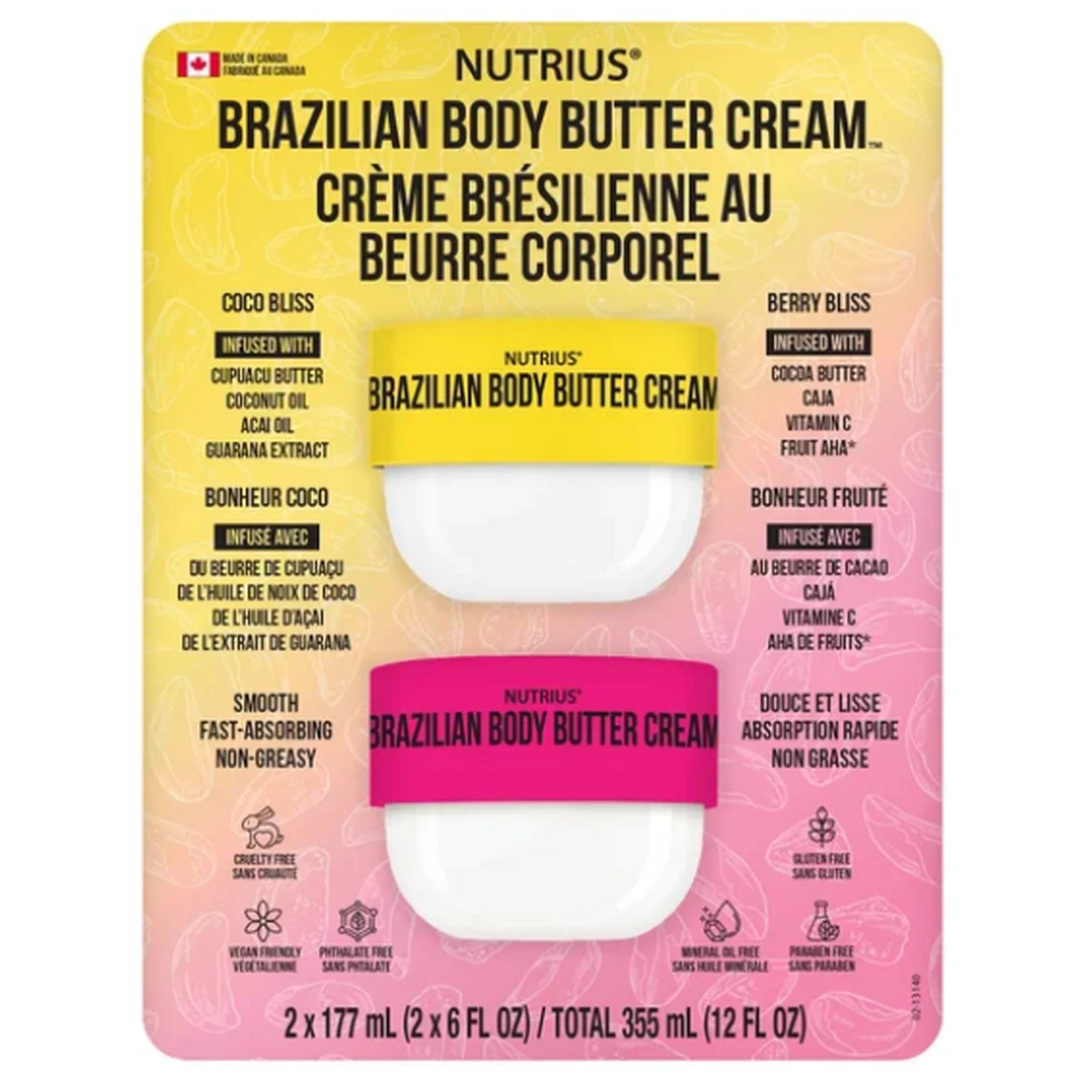 Nutrius Brazilian Body Butter Cream – Coco Bliss & Berry Bliss 2 x 177 mL (6 fl oz) - Front