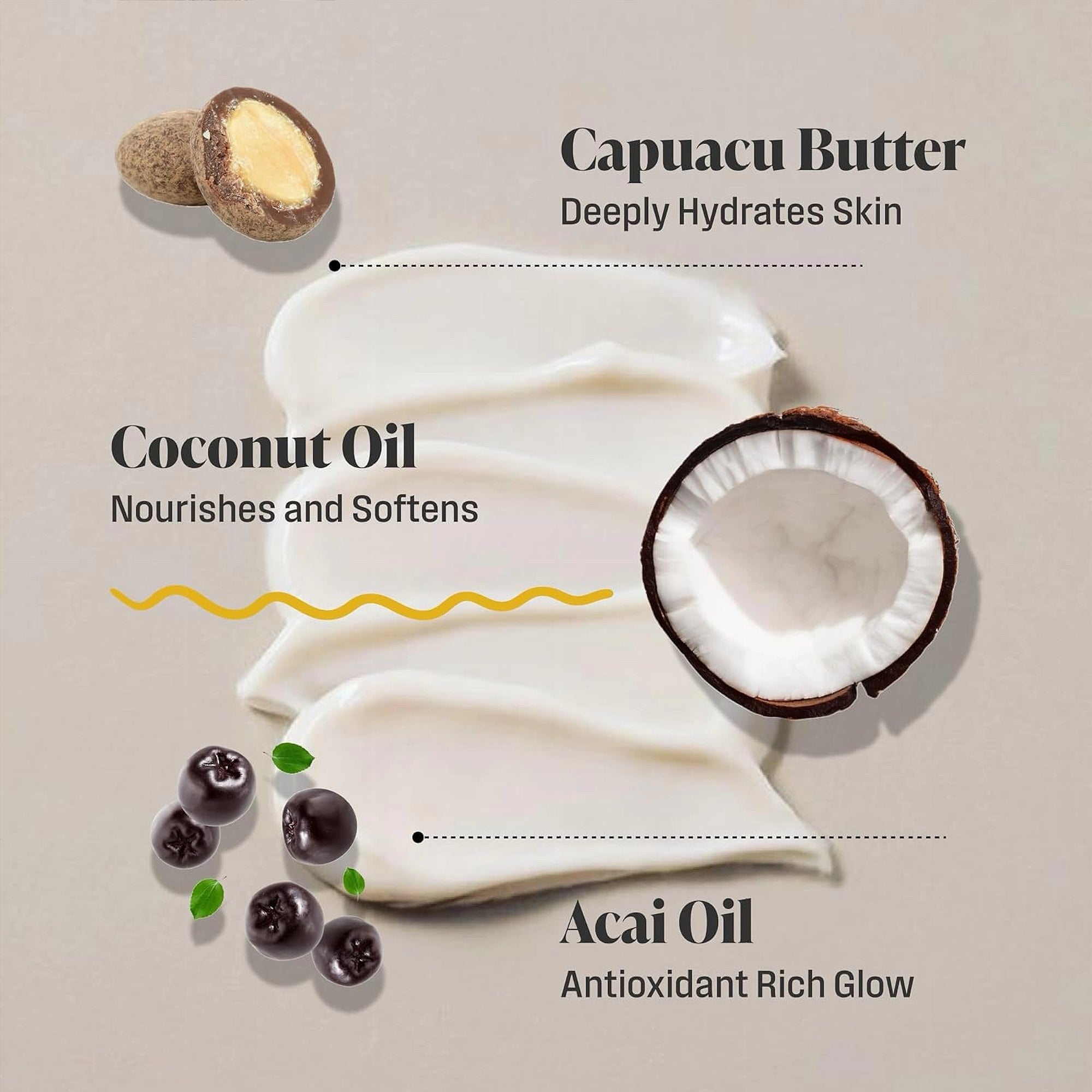 Illustration of capuacu butter, coconut oil, and acai berries