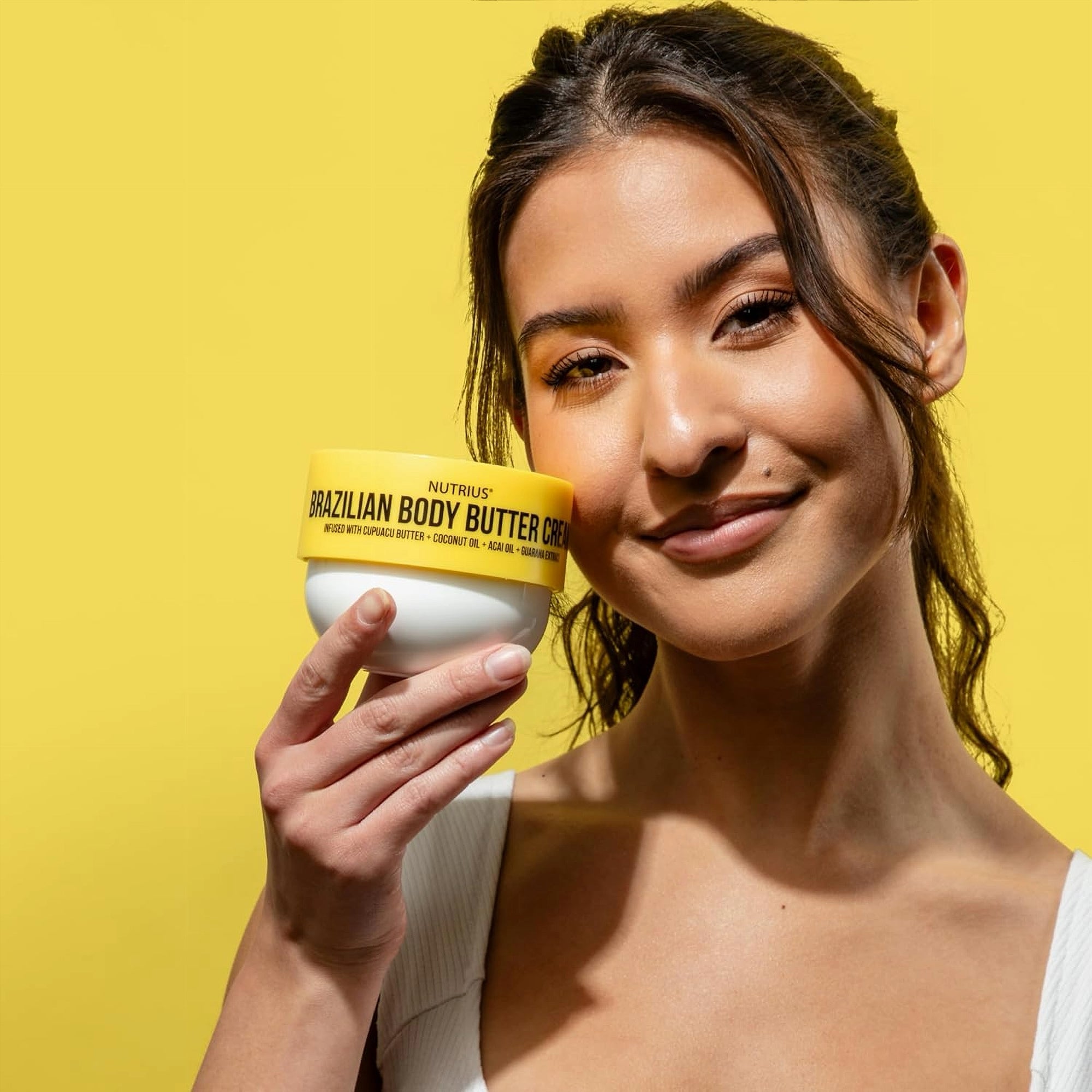 Nutrius Brazilian Body Butter Cream – Coco Bliss & Berry Bliss 2 x 177 mL (6 fl oz) - Woman holding a jar