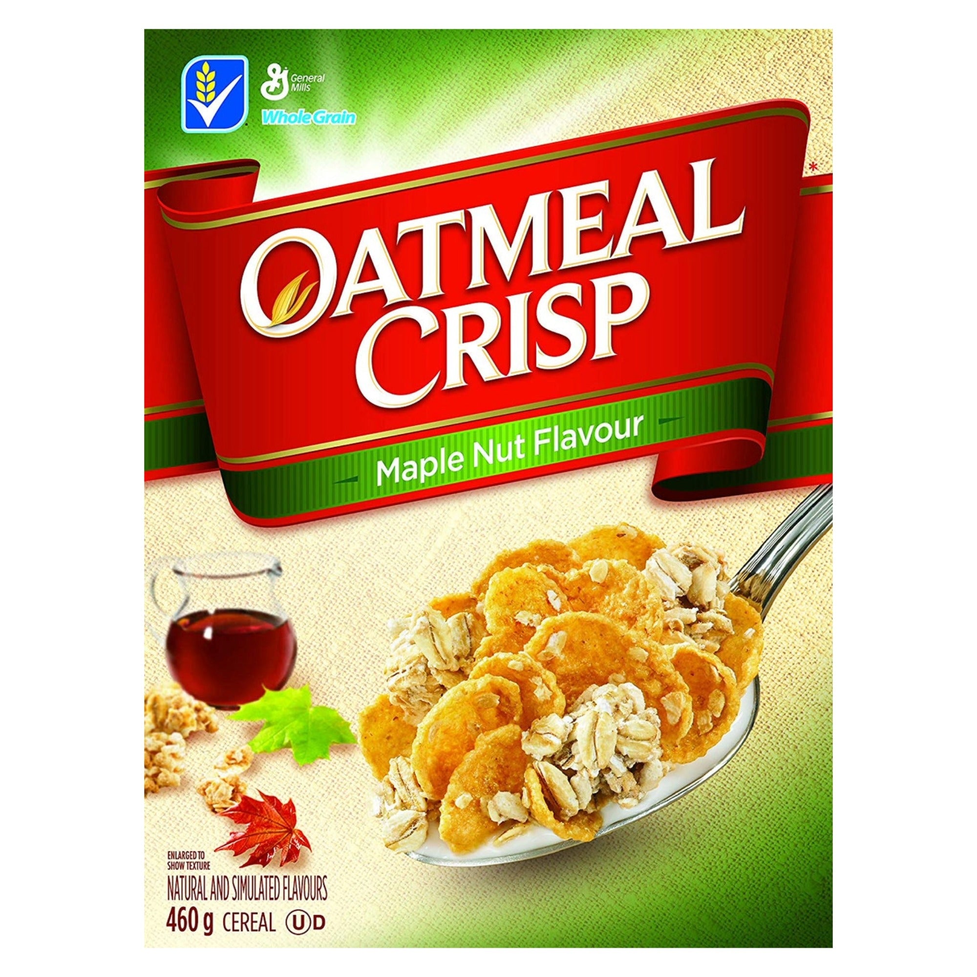 Front of a 460 g Oatmeal Crisp Maple Nut cereal box with a cereal-filled spoon and maple syrup illustration.