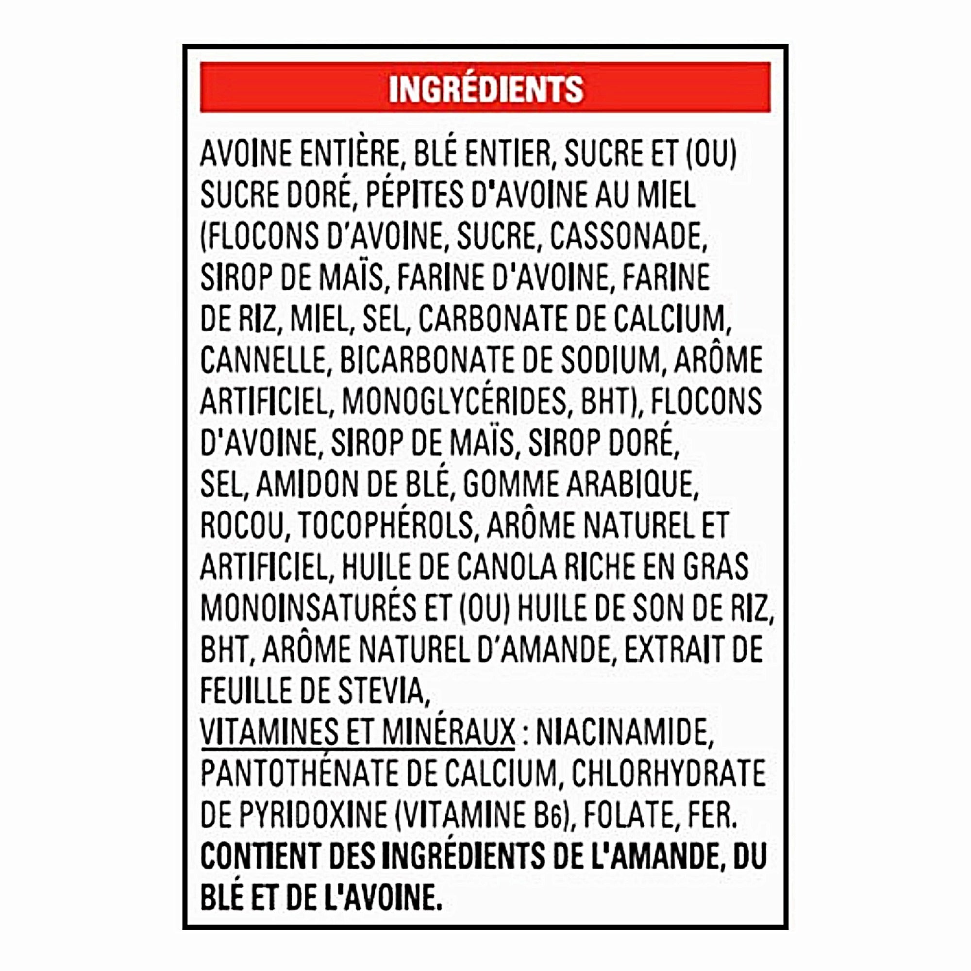 French ingredients and allergen label for Oatmeal Crisp Maple Nut Cereal 460 g.