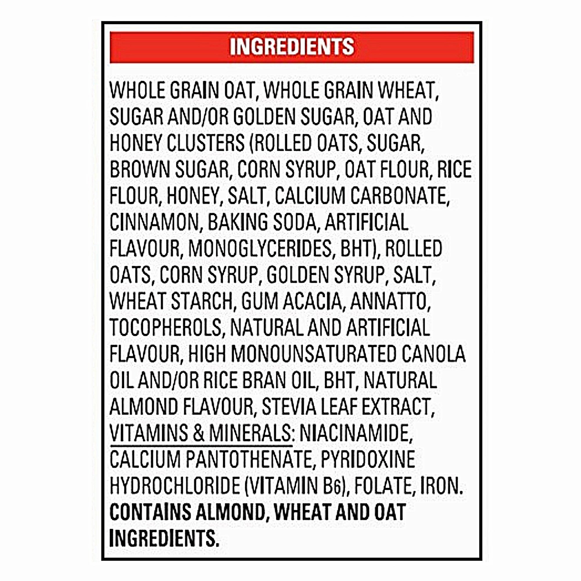 English ingredients label for Oatmeal Crisp Maple Nut cereal, including almond, wheat, and oat ingredients.