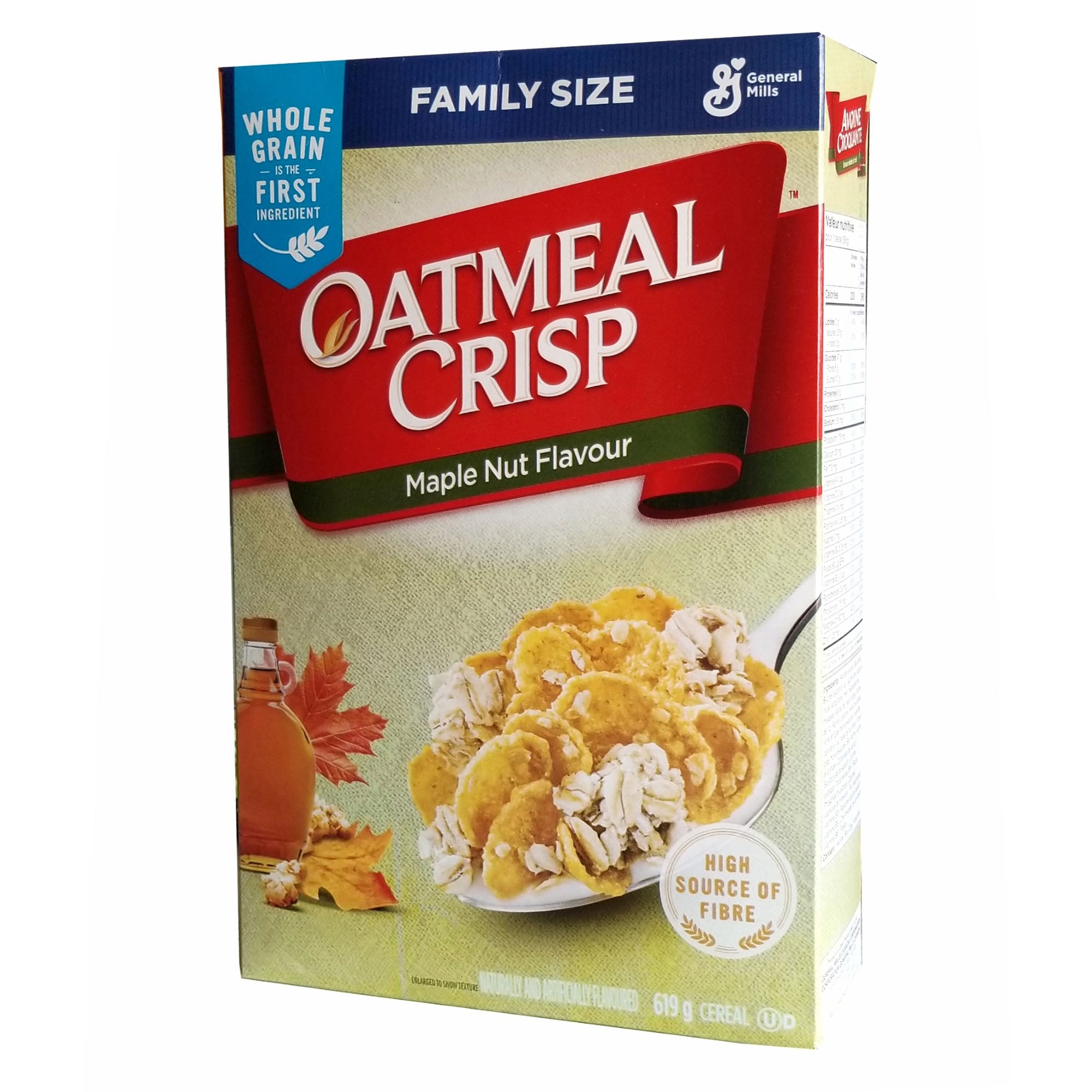 Angle of Oatmeal Crisp maple nut cereal package.