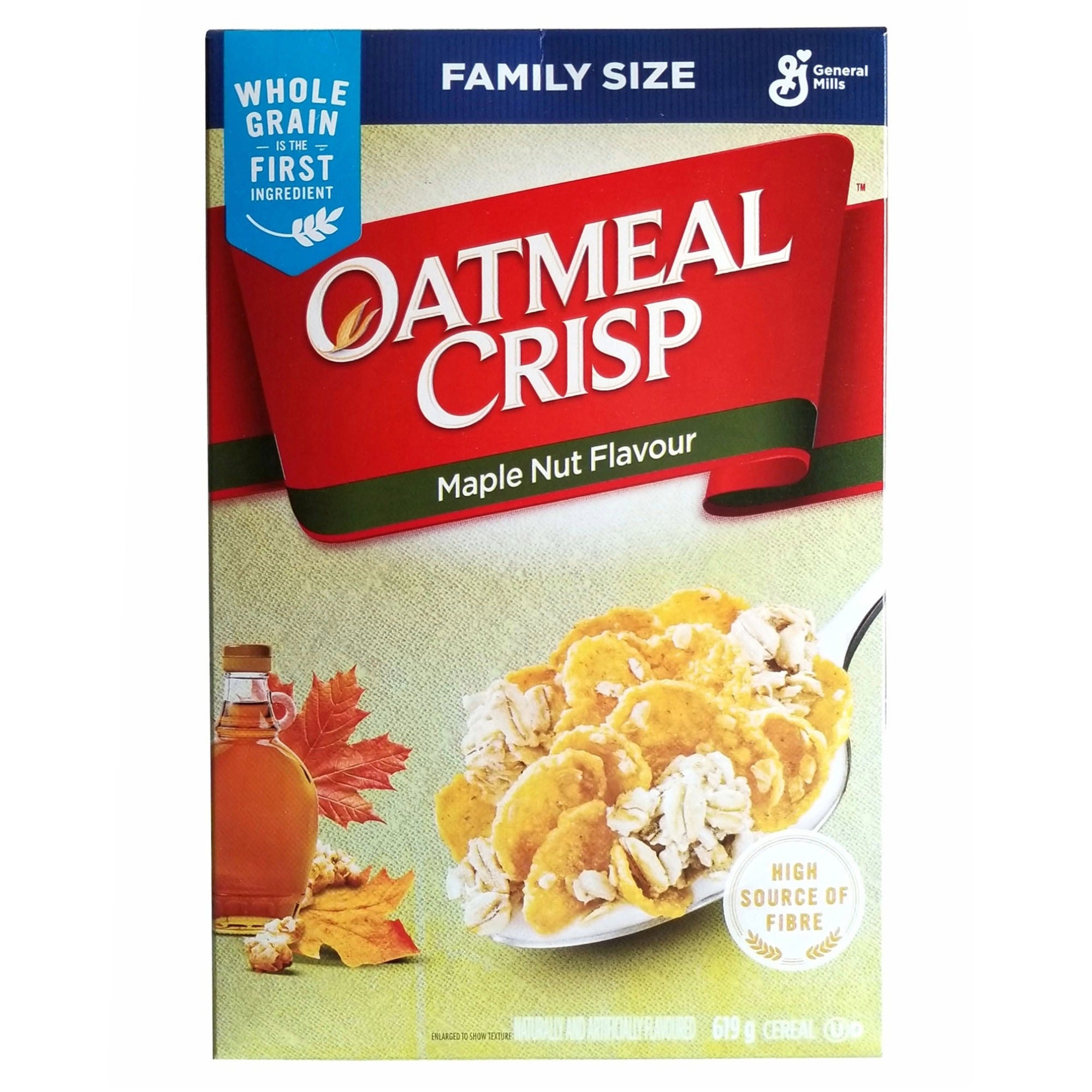 Front of Oatmeal Crisp maple nut cereal package.