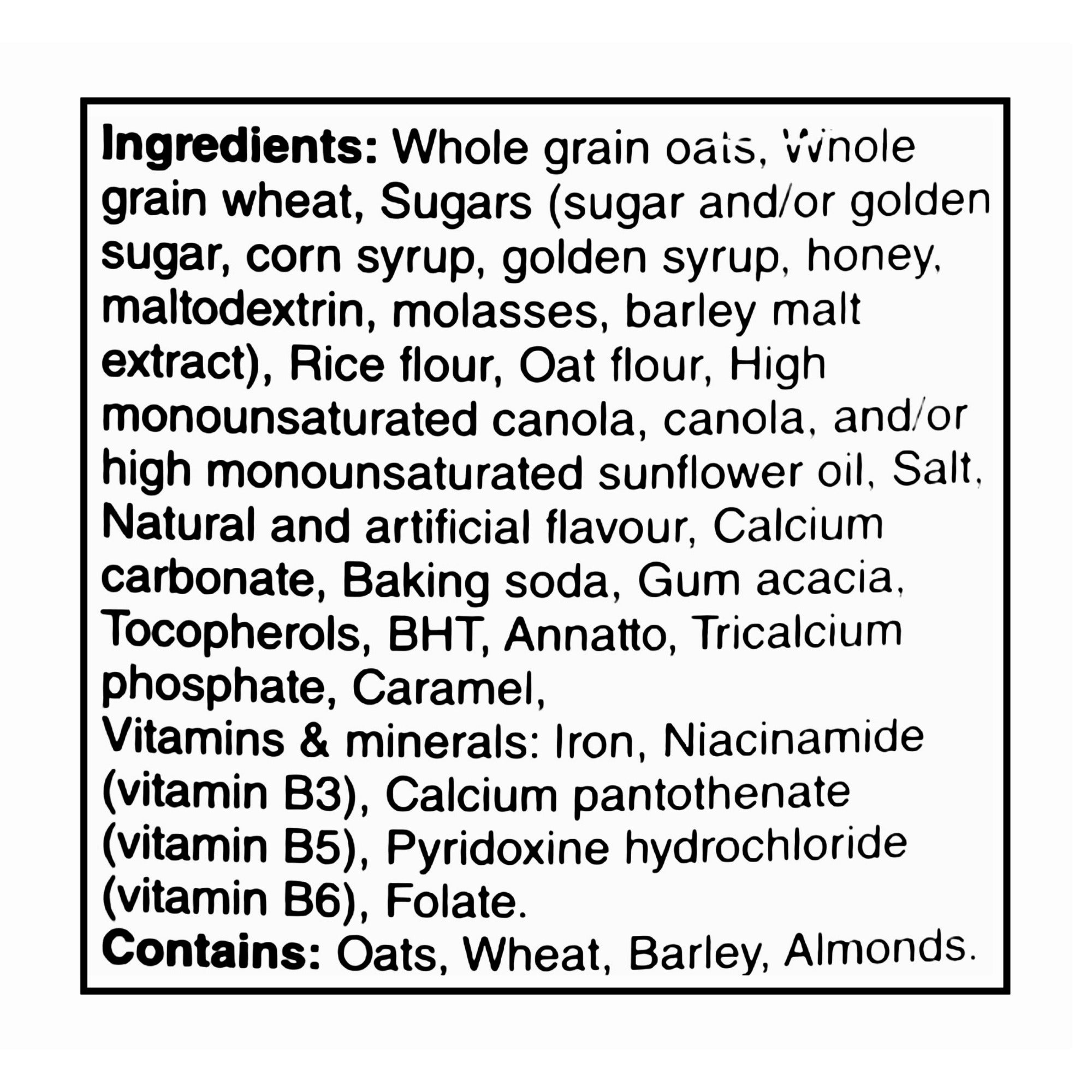 Ingredients label of Oatmeal Crisp maple nut cereal.