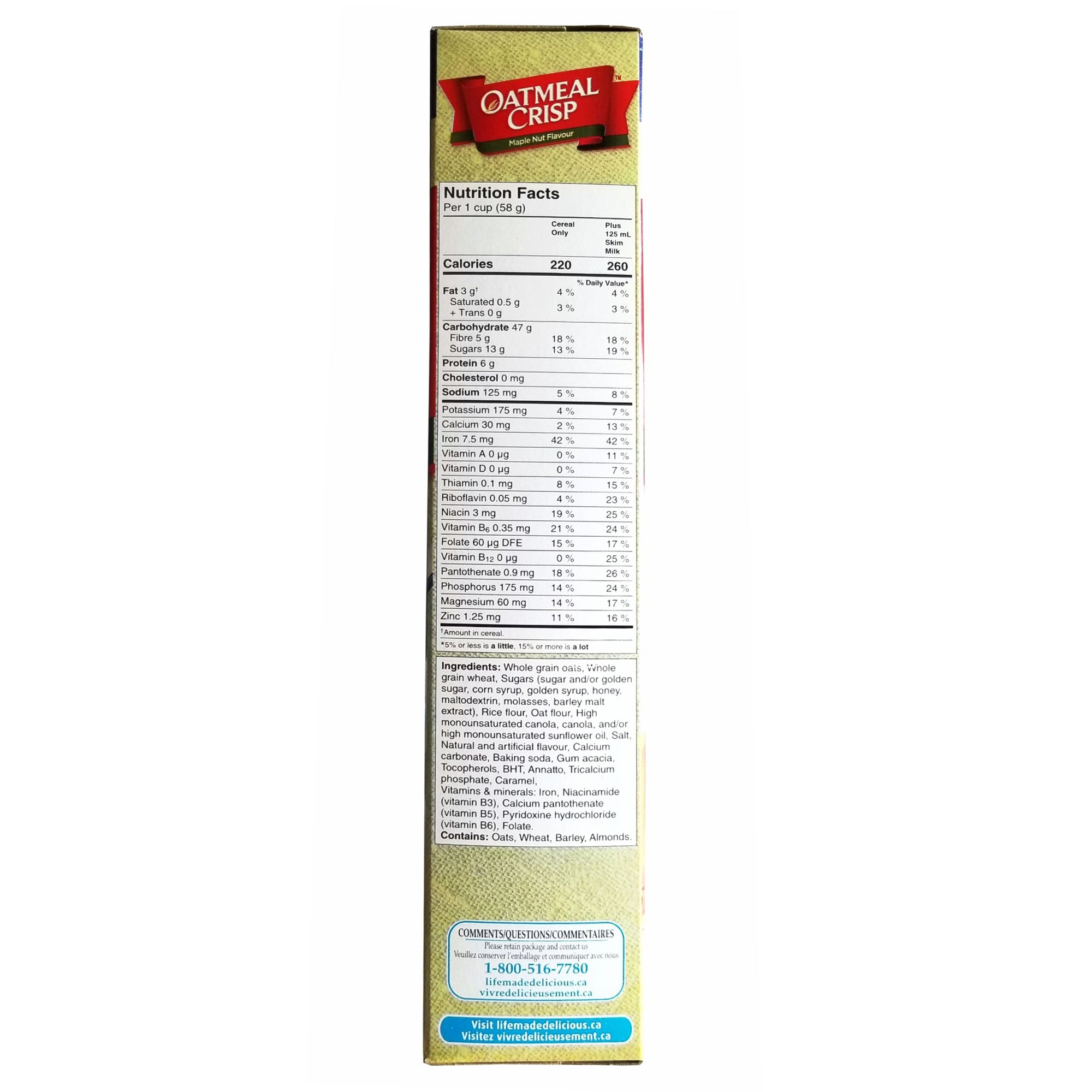 Other side of Oatmeal Crisp maple nut cereal package.