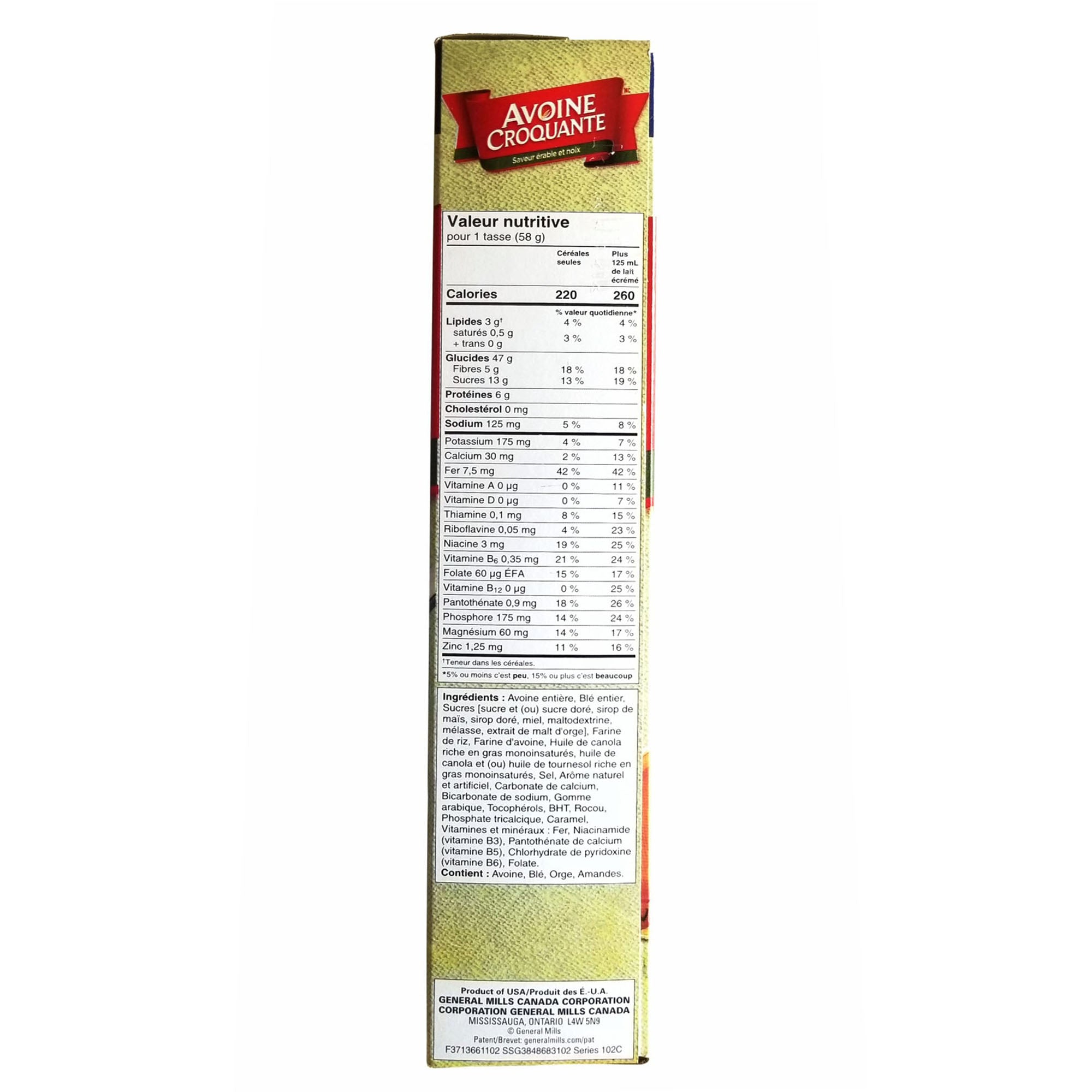 Side package of Oatmeal Crisp maple nut cereal.